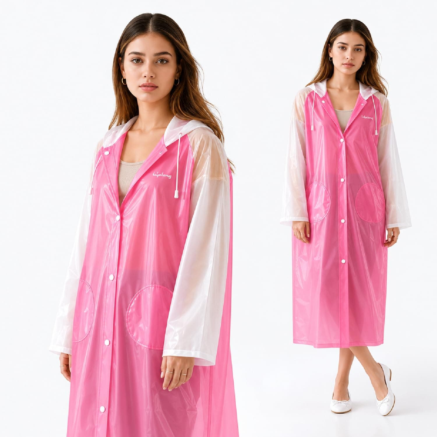 Lifelong Raincoat Waterproof for Women| 100% Waterproof Rainwear for Women & Girls | One-Piece Hooded Raincoat| Snap Buttons & Pockets | Travel for Hiking, Trekking, Camping (M, Pink & White)