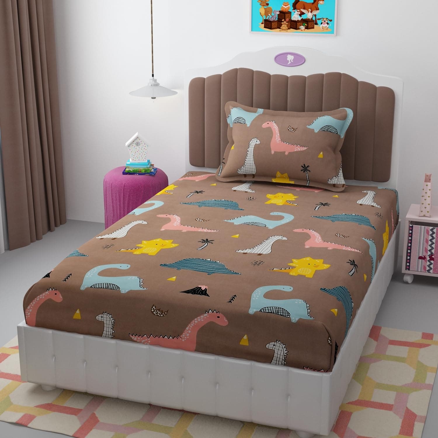 Reyansh Decor 200 TC 100% Polycotton Cartoon Printed Supersoft Bedsheet Kids Room Elastic Fitted Single Bed with 1 Pillow Covers Soft/Breathable Wrinkel Free -48x72 Inches -Coffee
