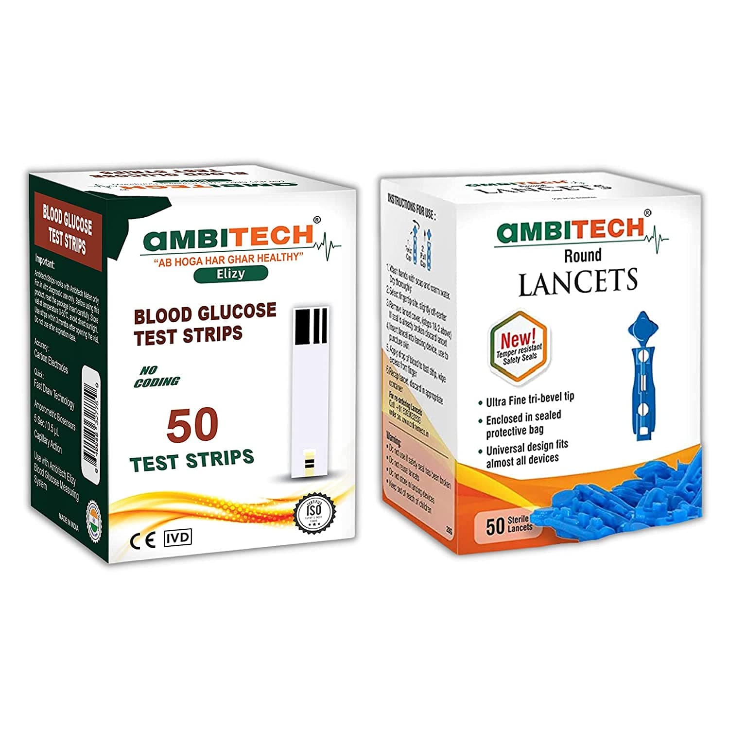 AmbiTech Elizy 50 Test Strips with 100 Round Lancets| Pack Of 1| Made In India