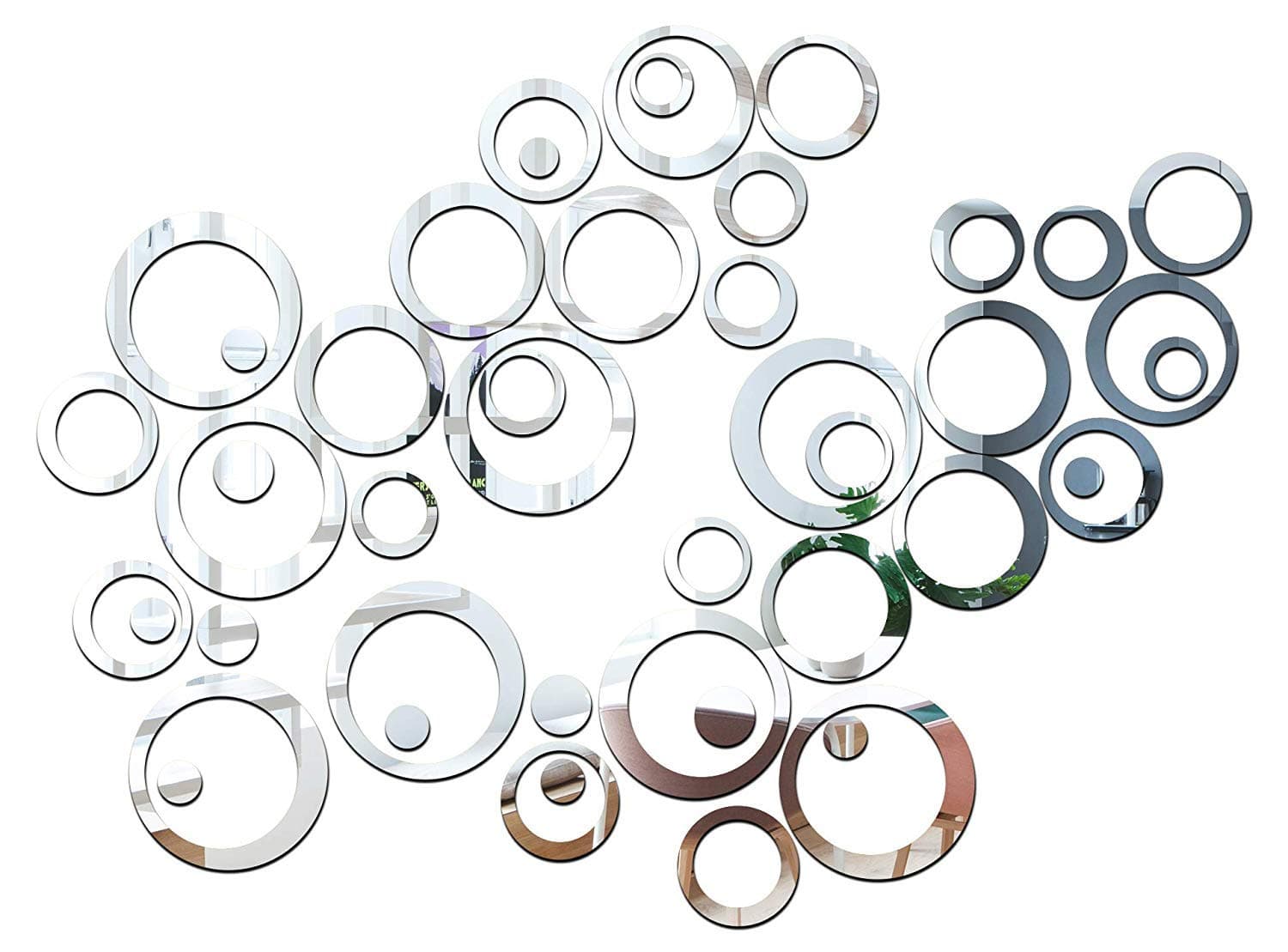 Wall1ders 40 Ring and Dots Silver, Mirror Stickers for Wall, Acrylic Mirror Wall Decor Sticker, Wall Mirror Stickers, Acrylic Stickers, Wall Stickers for Hall Room, Bed Room, Kitchen.
