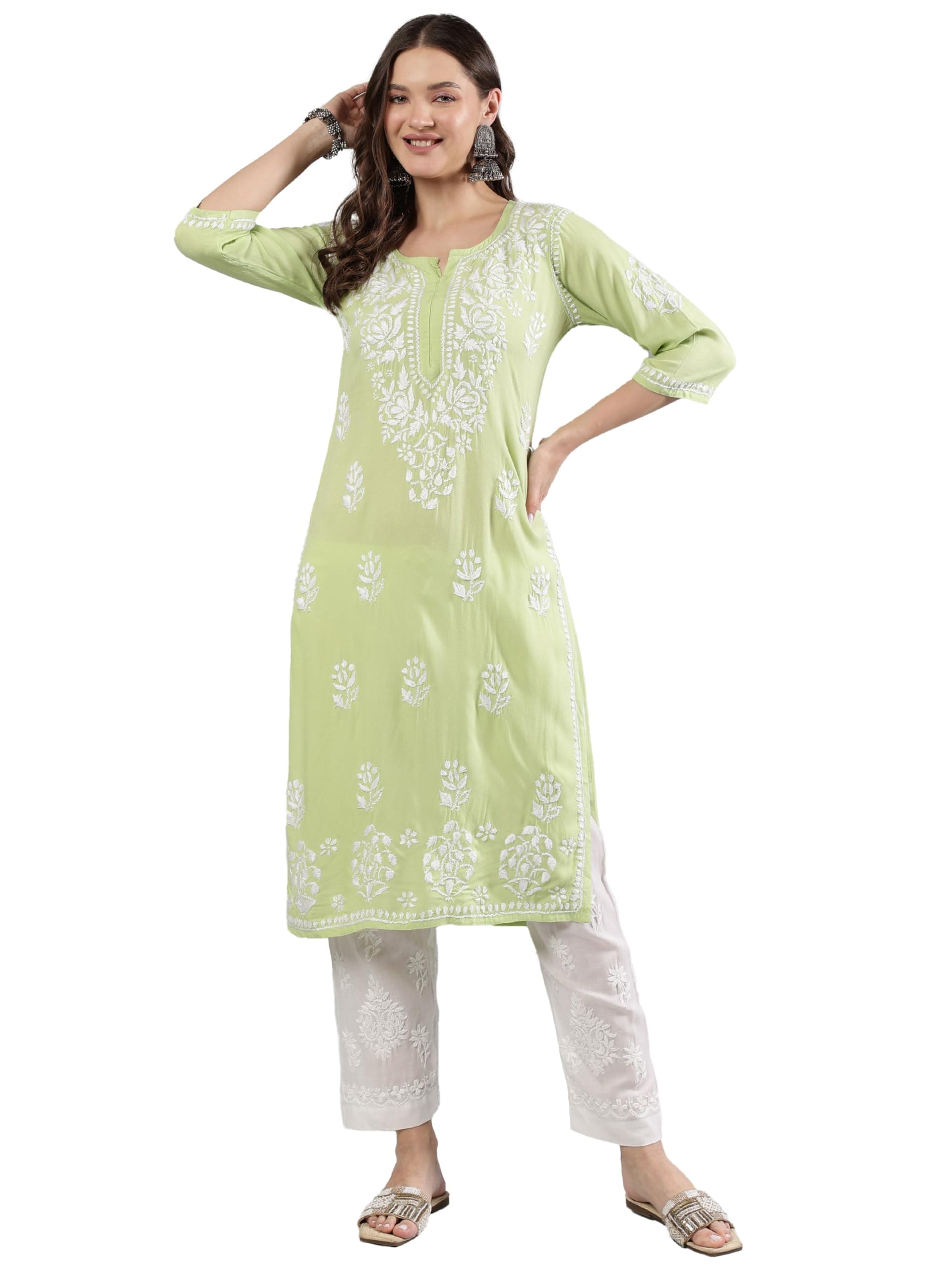 Seva Chikan Hand Embroidered Lucknowi Chikankari Straight Green Rayon Women's Kurta (4363_Green_L)