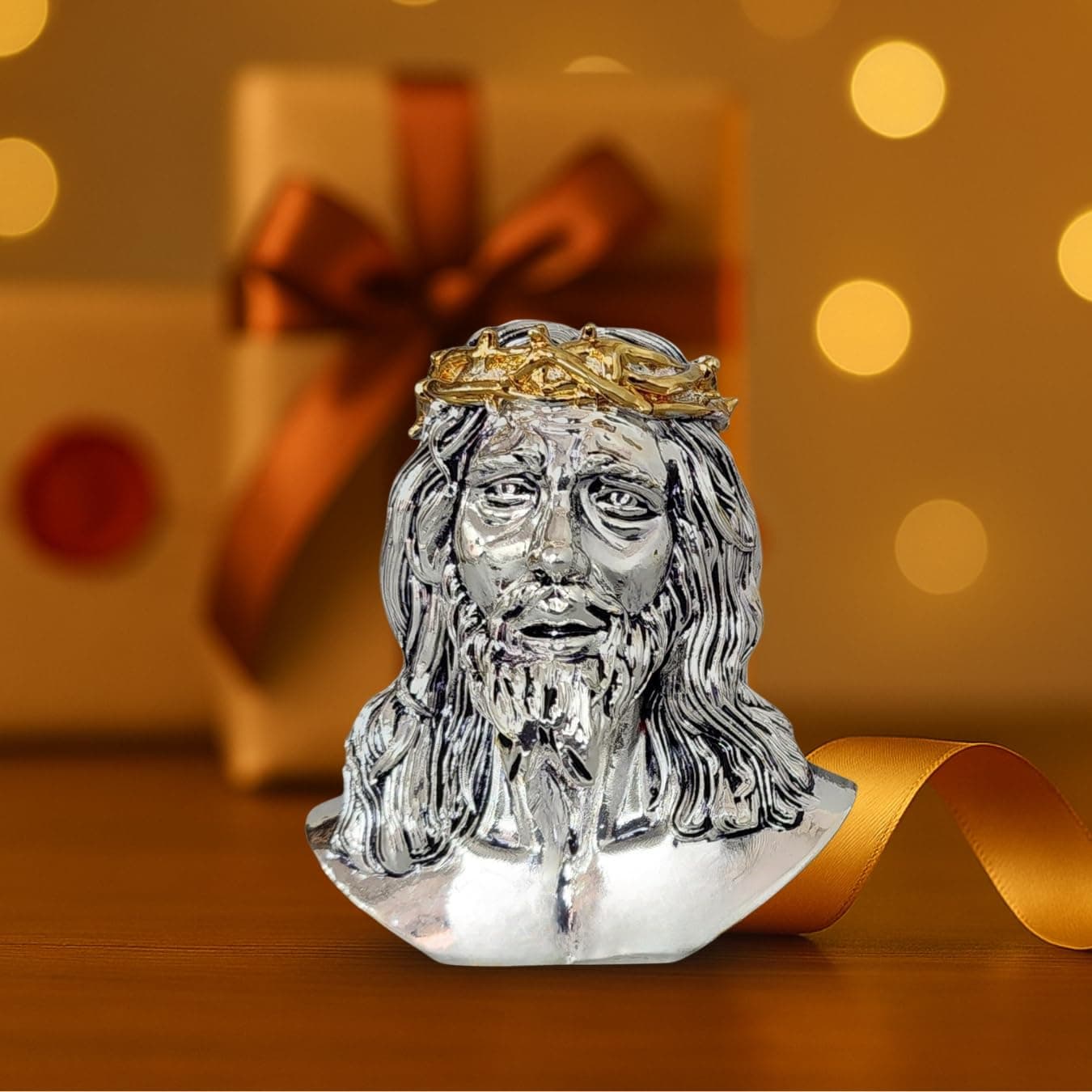 Gold Art India Jesus Bust Silver Plated Idol – 3 Inch Divine Statue for Home, Office & Religious Gifting | Handcrafted Polyresin Showpiece for Christmas