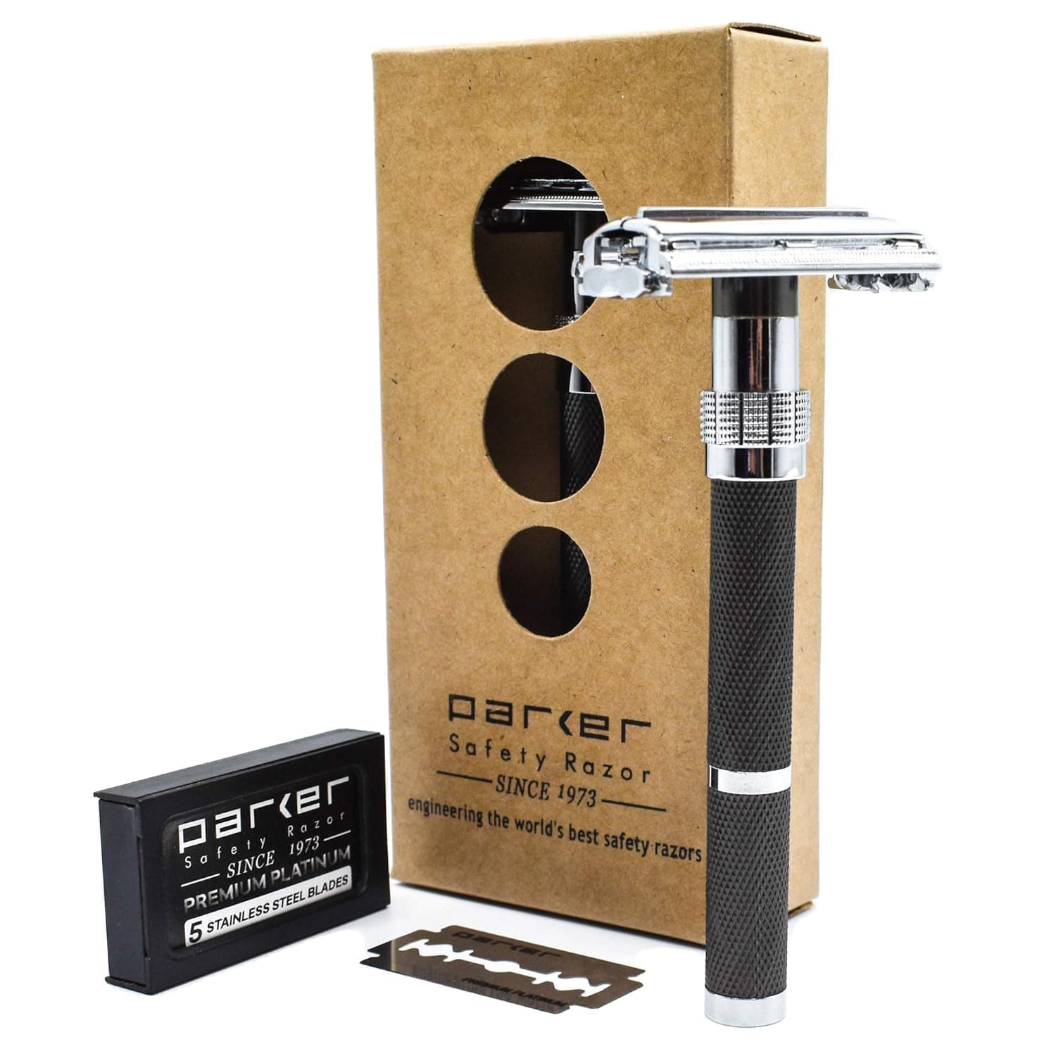 PARKER Safety Razor Men - (96R) Long Handled Butterfly Open Safety Razor Includes With 5 Parker Premium Platinum Double Edge Razor Blades