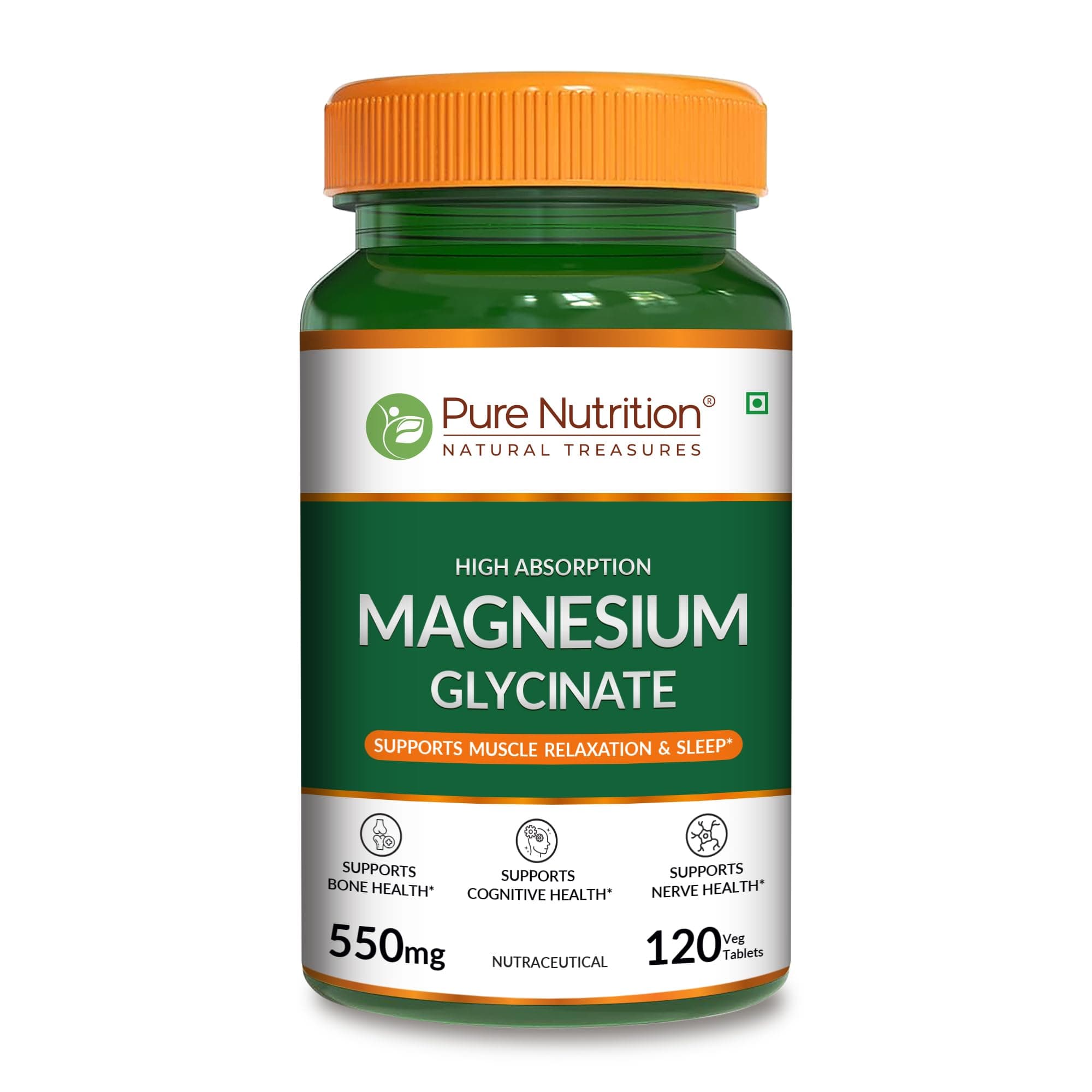 Pure Nutrition Magnesium Glycinate 550mg - 120 Tablets | High Absorption Magnesium Supplement for Daily Wellness | Supports Muscle Relaxation, Sleep & Nerve Function