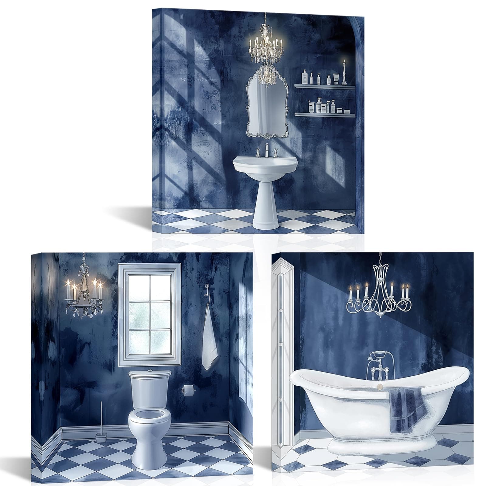LyerArtork 3 Pieces Bathroom Canvas Wall Art Vintage Navy Blue Bathtub Toilet Sink Picture Poster Painting Prints Bathroom Decor Modern Artwork for Home Hotel Decor 12"x12"x3pcs