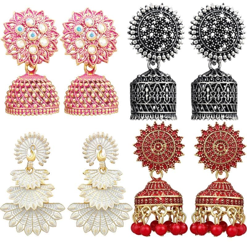 Fashion Frill Multicolor Oxidised Earrings Jhumka Set For Women Girls Stylish Traditional Pearl Small Jhumki Earings Pair Combo Of 4