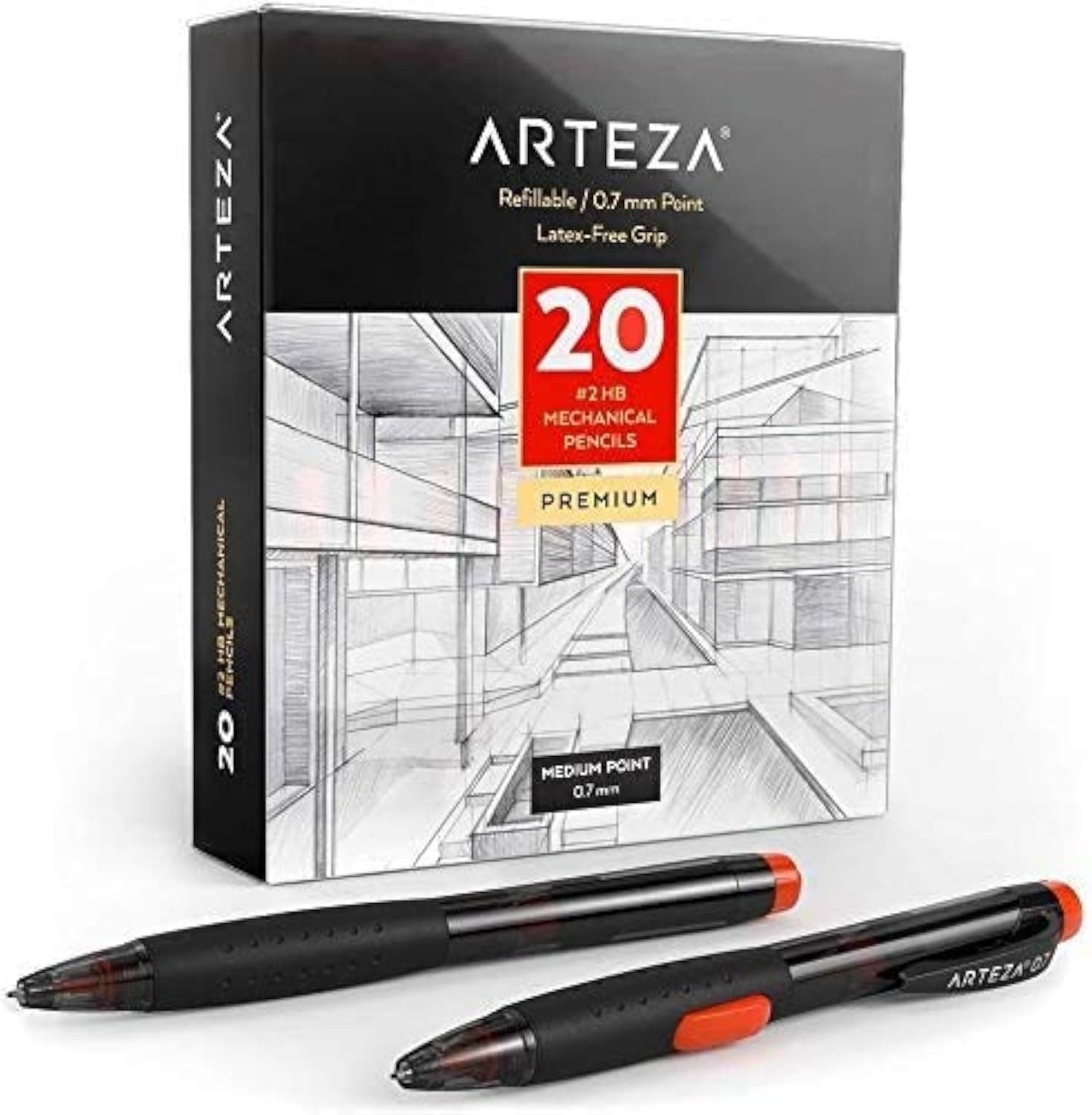 Arteza HB Mechanical Pencil Pack of 20 with 0.7 Millimeter Medium Point Lead and Replaceable Eraser, Latex-Free Grip