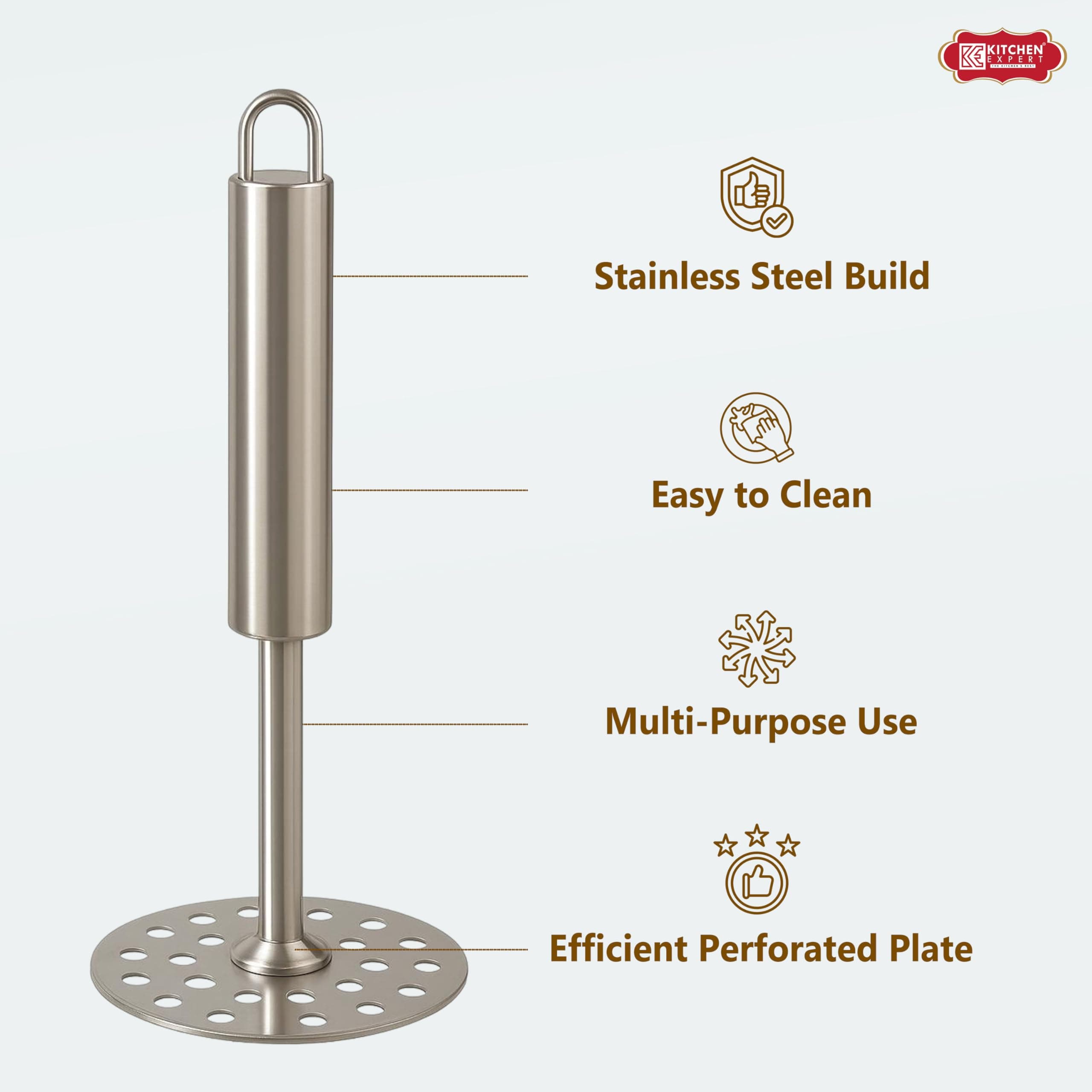 Kitchen Expert Stainless Steel Potato Masher | Aloo Bhaji Masher for Kitchen | with Steel Handle | Kitchen Tool | Steel Food Smasher & Crusher | for Baby Food, Dal & Vegetables
