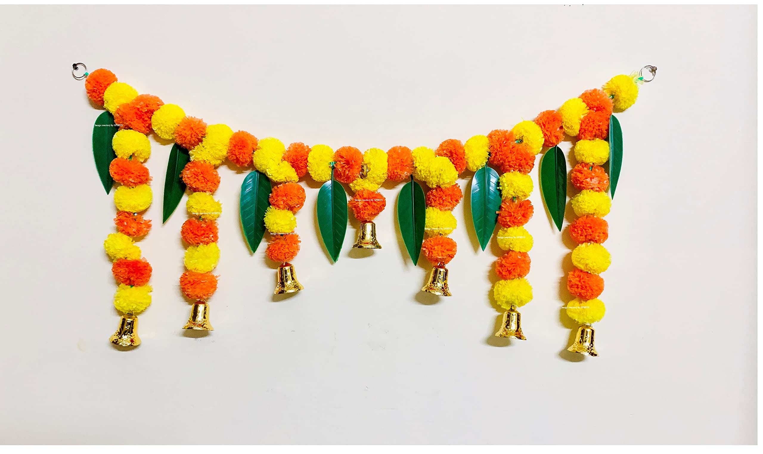 SPHINX Artificial Fluffy Marigold and Mango Leaves with Bells Door toran(Approx.100 x 41 cms)- Yellow and Dark Orange