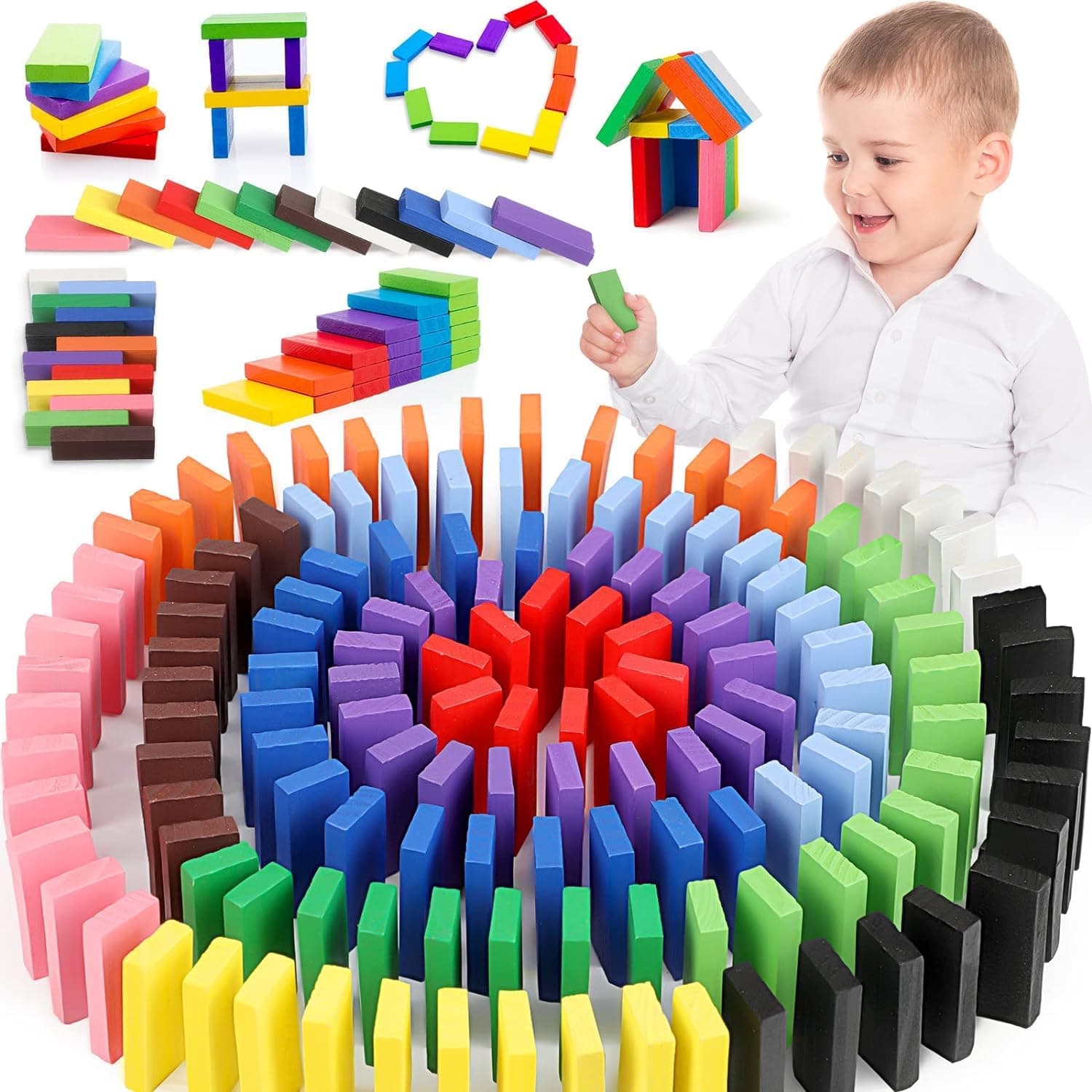 SHINETOY 120 Pcs Colorful Wooden Domino Blocks Set – Domino Tile Bulk Building Racing & Stacking Game | Educational Toy for Kids | Fun Family Party Favor | Birthday Gift for Boys & Girls Ages 3+