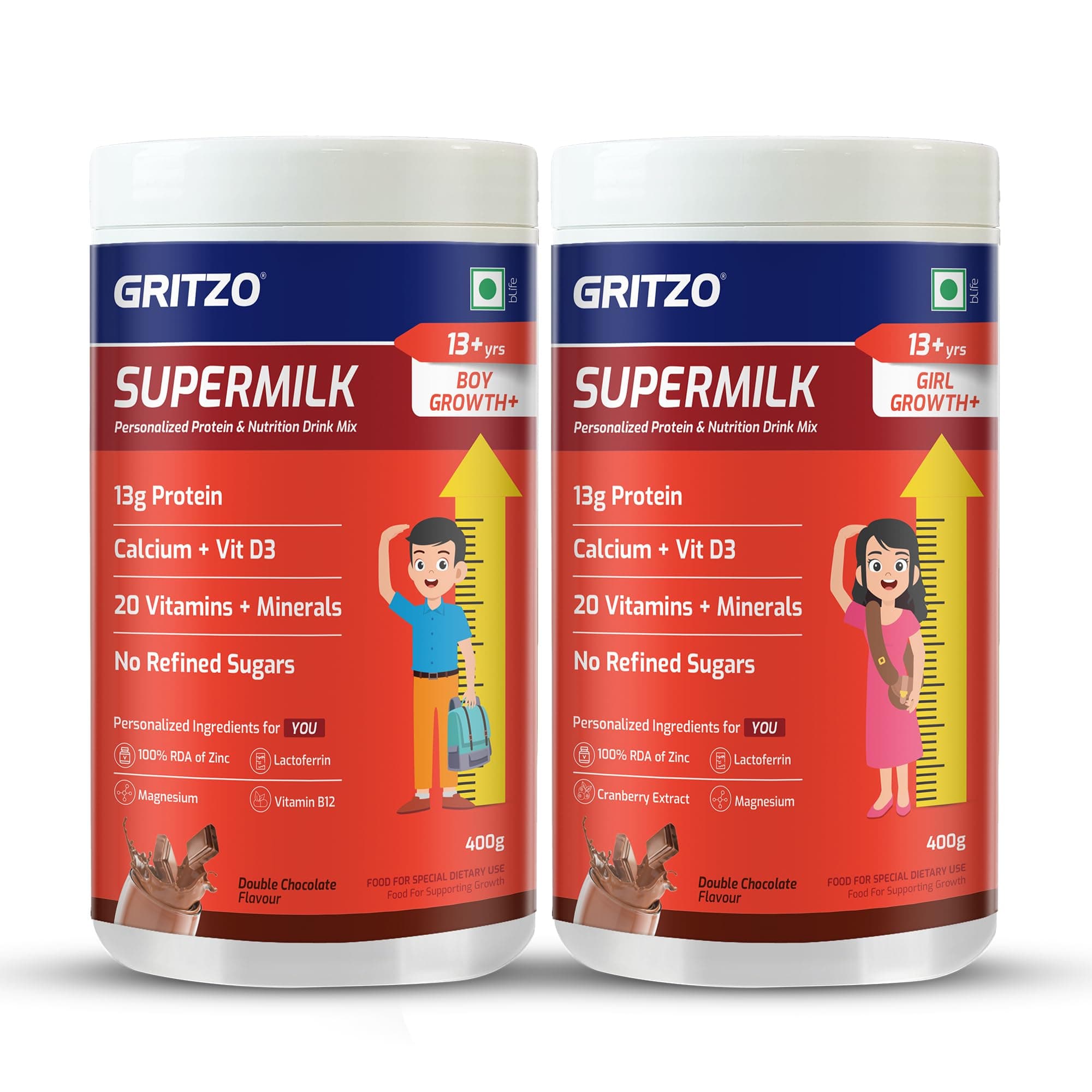 Gritzo SuperMilk Growth+ (13+ Boys & Girls), Double Chocolate, 2 x 400g
