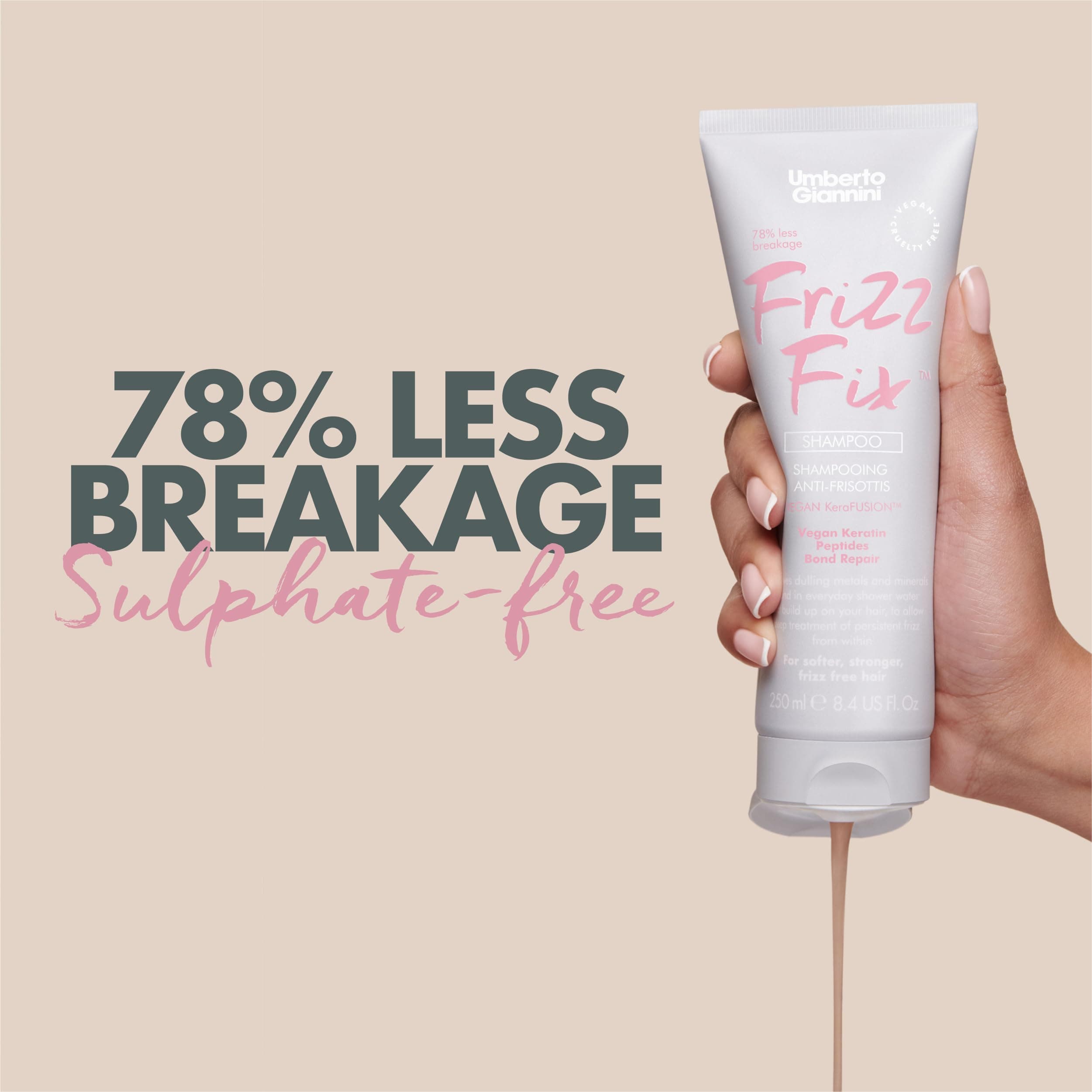 Umberto Giannini Frizz Fix Shampoo 250 ml | 78% Less Breakage | KeraFUSION Bond Repair & Metal Detox | Sulphate-Free | For Frizzy & Damaged Hair | Imported from UK