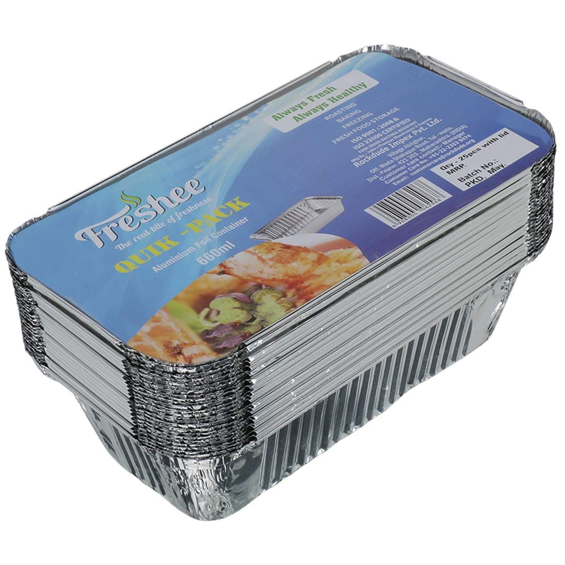 Freshee Aluminium Foil Container 660ml - 25pcs| Food Silver Storage Disposable Containers with Lid For Kitchen