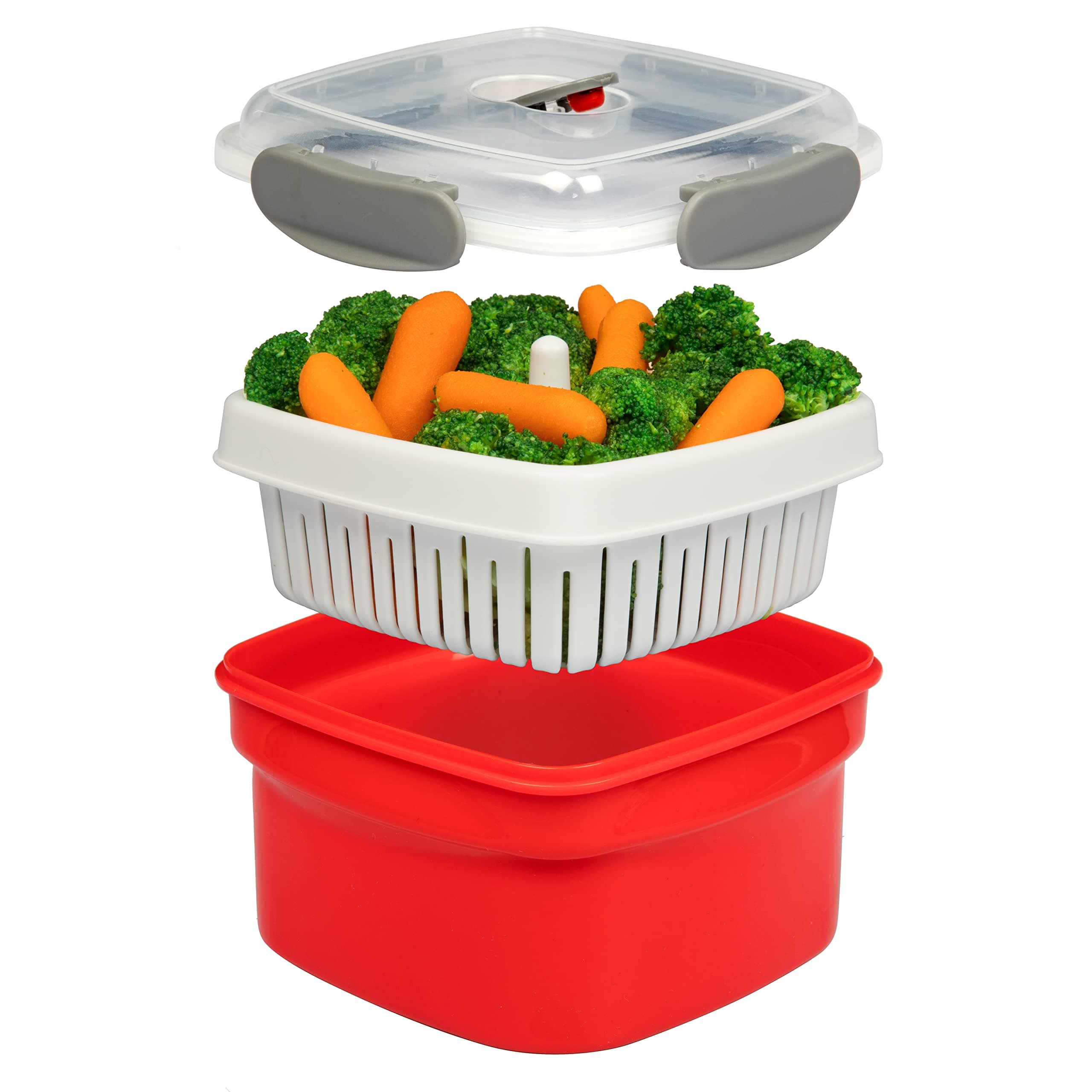 Microwave Food Steamer for Vegetables - 3 PC Microwavable Cooker with Storage- Cooking Made Easy- Removable Strainer Basket & Locking Steam Vent Lid - BPA Free, Fridge & Freezer Safe | 1.3 Liters