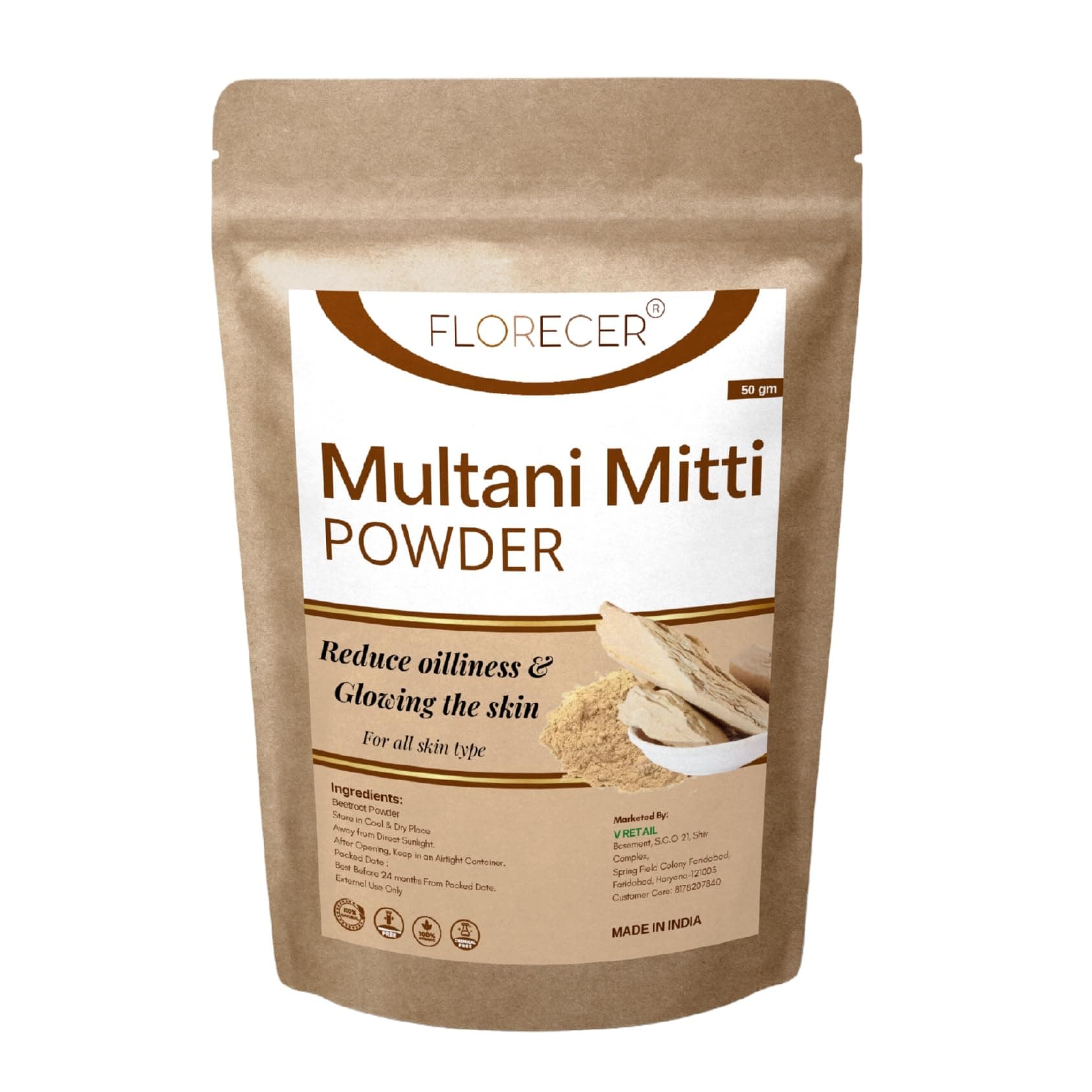 Florecer Multani Mitti Powder For Face, Skin And Hair | Organic Face Pack Powder For Women And Men- 50 gram