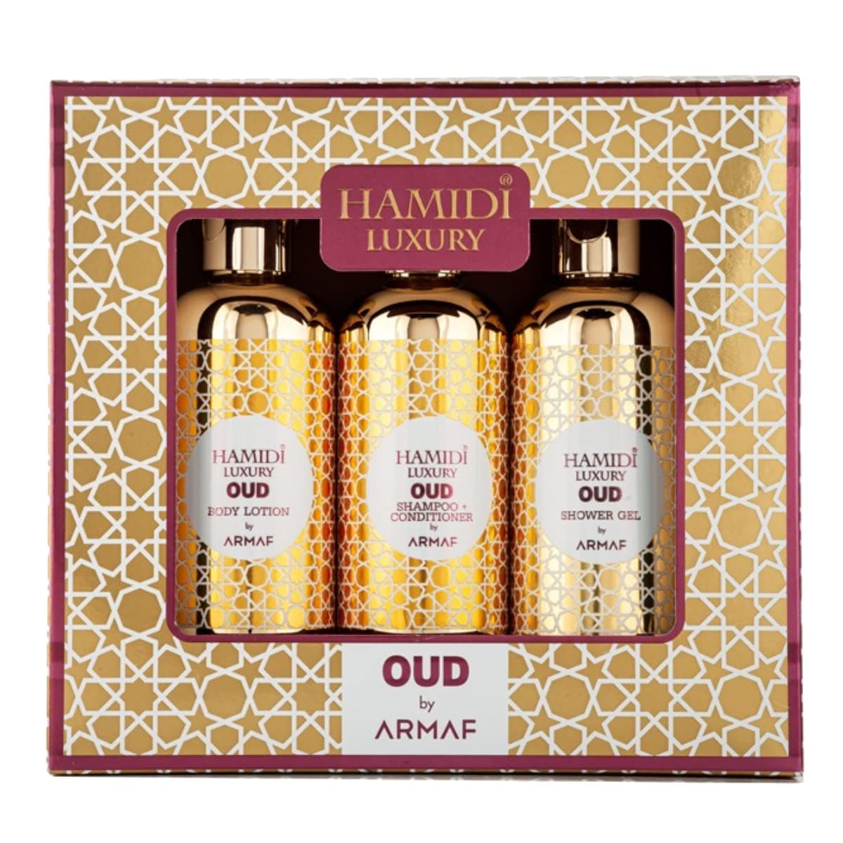 Hamidi Luxury Oud by Armaf, 3 Pieces Gift Set For Men & Women, Shower Gel, Body Lotion, Shampoo & Conditioner 2 in 1 95ml | Alcohol Free | Hair & Skin Care Product | Daily Care