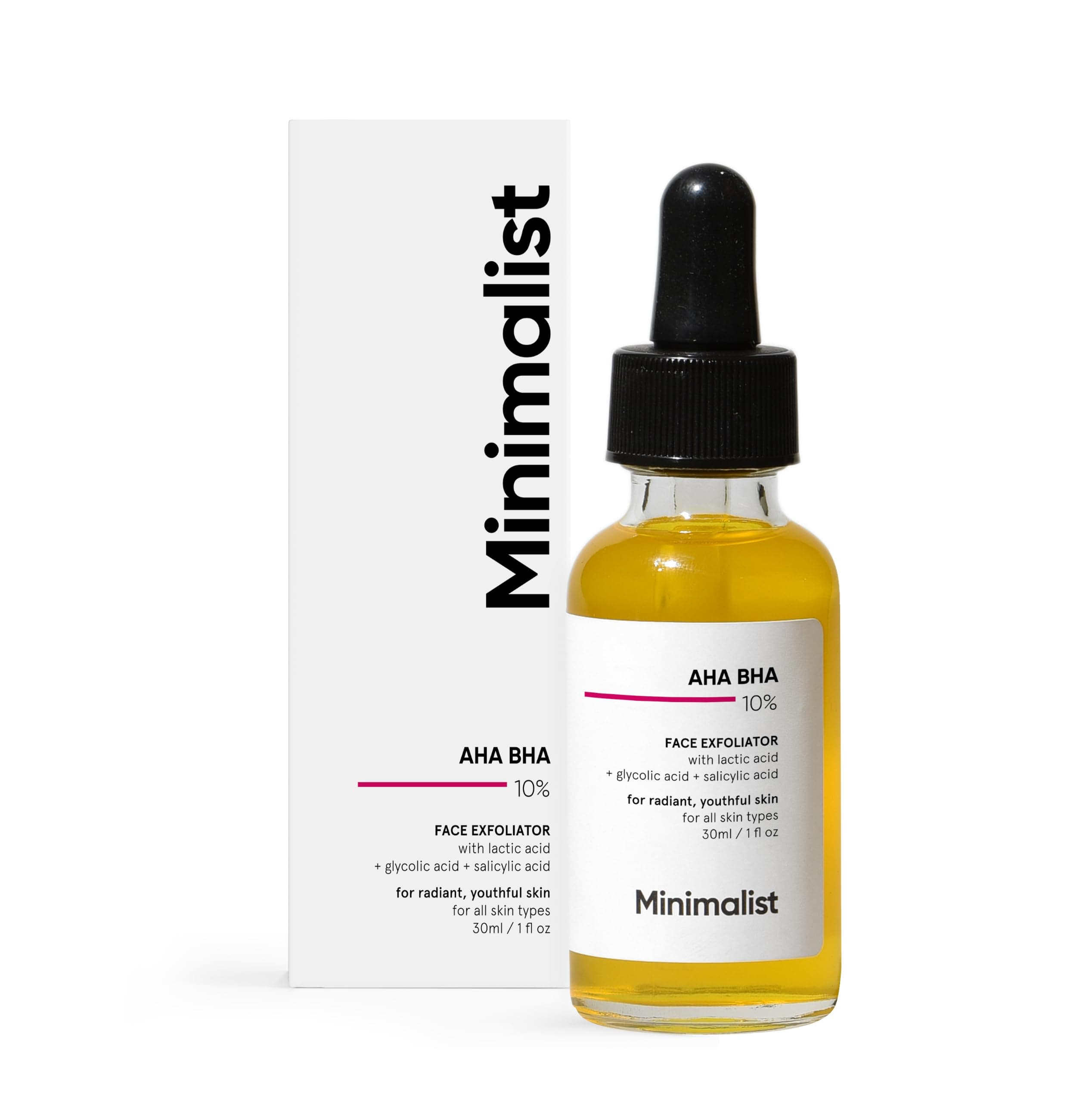 Minimalist 10% AHA BHA Exfoliating Serum For Beginners, AHAs (Lactic Acid & Glycolic Acid) & BHA (Salicylic Acid) Serum, 30ml