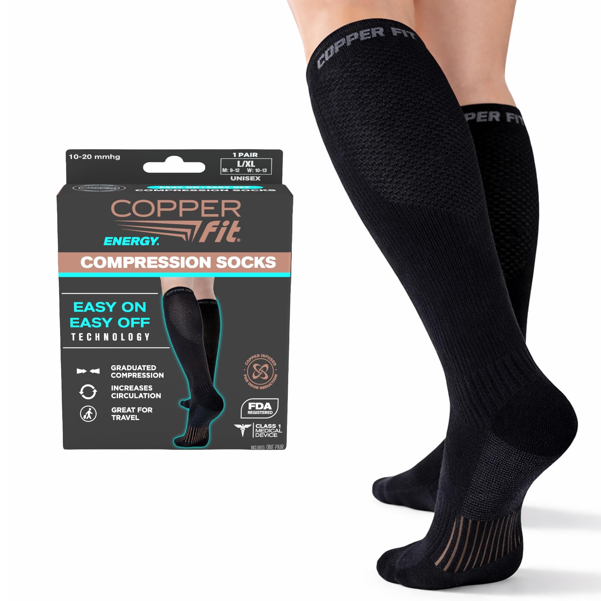 Easy On/Off Energy Compression Socks, Black, XX-Large-3X-Large