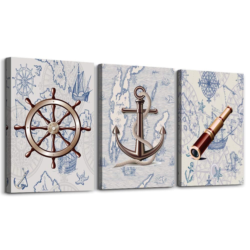 ocean theme steering wheel telescope ship pendant Canvas Prints bathroom Wall Art for Bedroom Wall decor Artworks Pictures wall decorations for living room,3 piece Home decor kitchen wall paintings