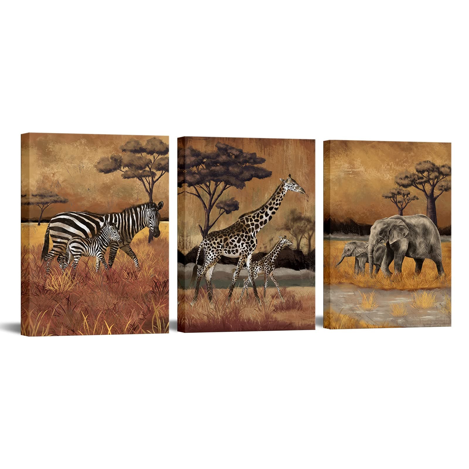 FuShvre Safari Wall Art Zebra Giraffe and Elephant Canvas Painting Africa Animal Artwork Brown Bathroom Wall Decor Framed 12x16 Inch Each
