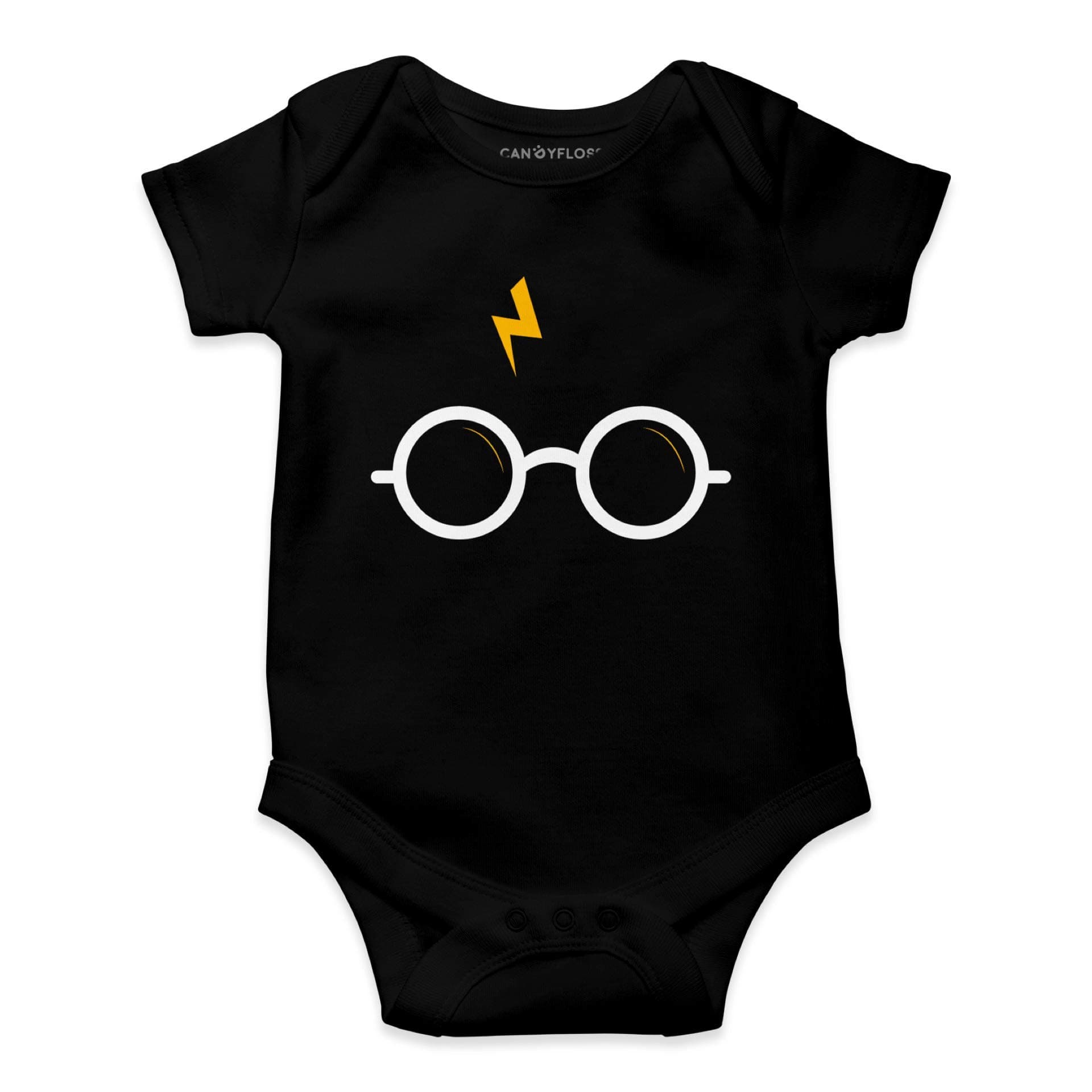 CandyFloss 100% Cotton Romper/Onesie/Bodysuit for Baby Boys and Girls - Spectacles (6-9 Months, Black)