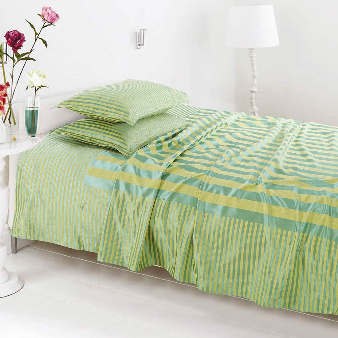 Victor Prima Stripe Double Bed Light Weight Super Soft Easy Care Poly Cotton 300 TC Satin Bedsheet/Bed Cover with 2 Pillow Covers 90 X 100 Inch