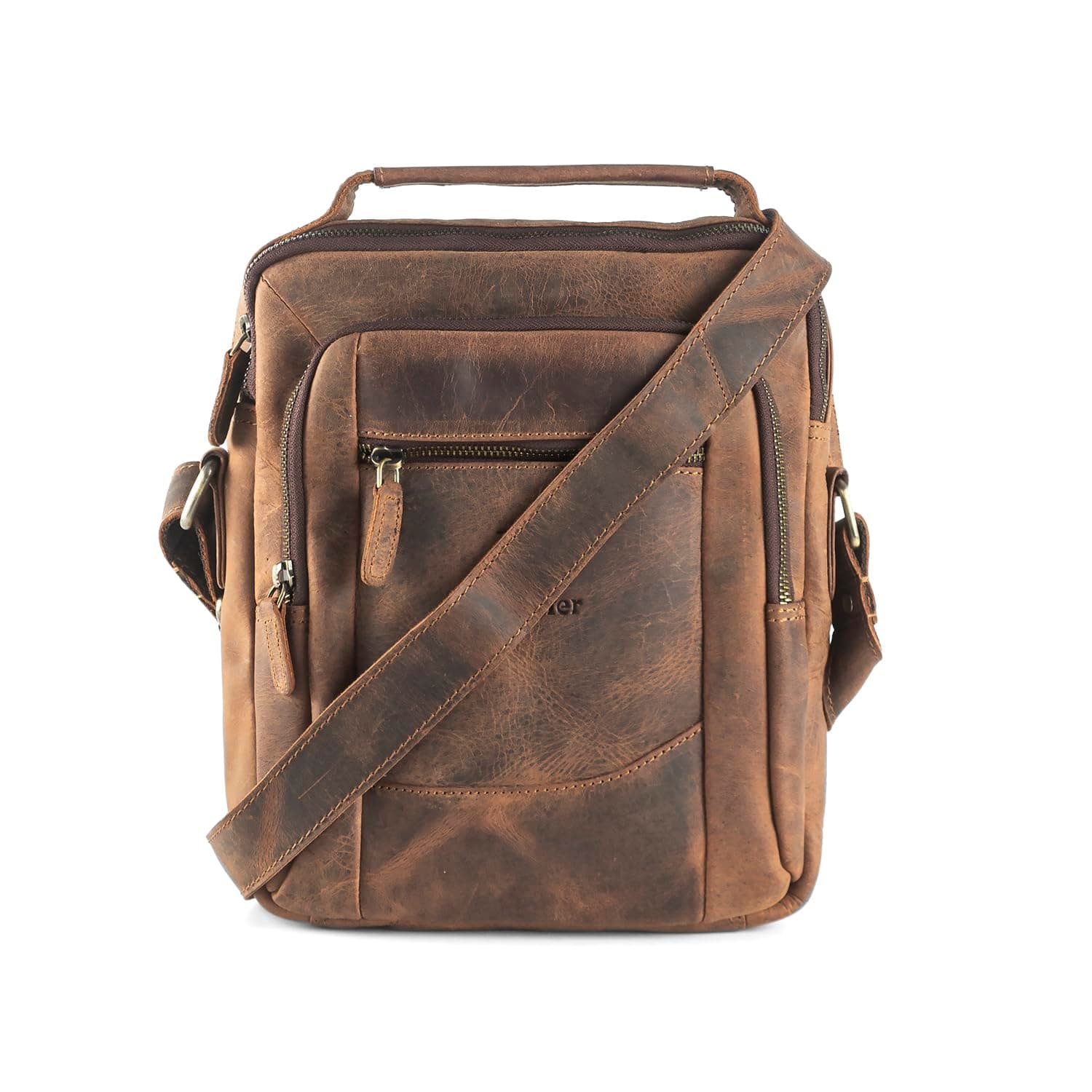 Goatter Men's Hunter Leather 11”Inch Multi Pocket Messenger Bags, (Brown)