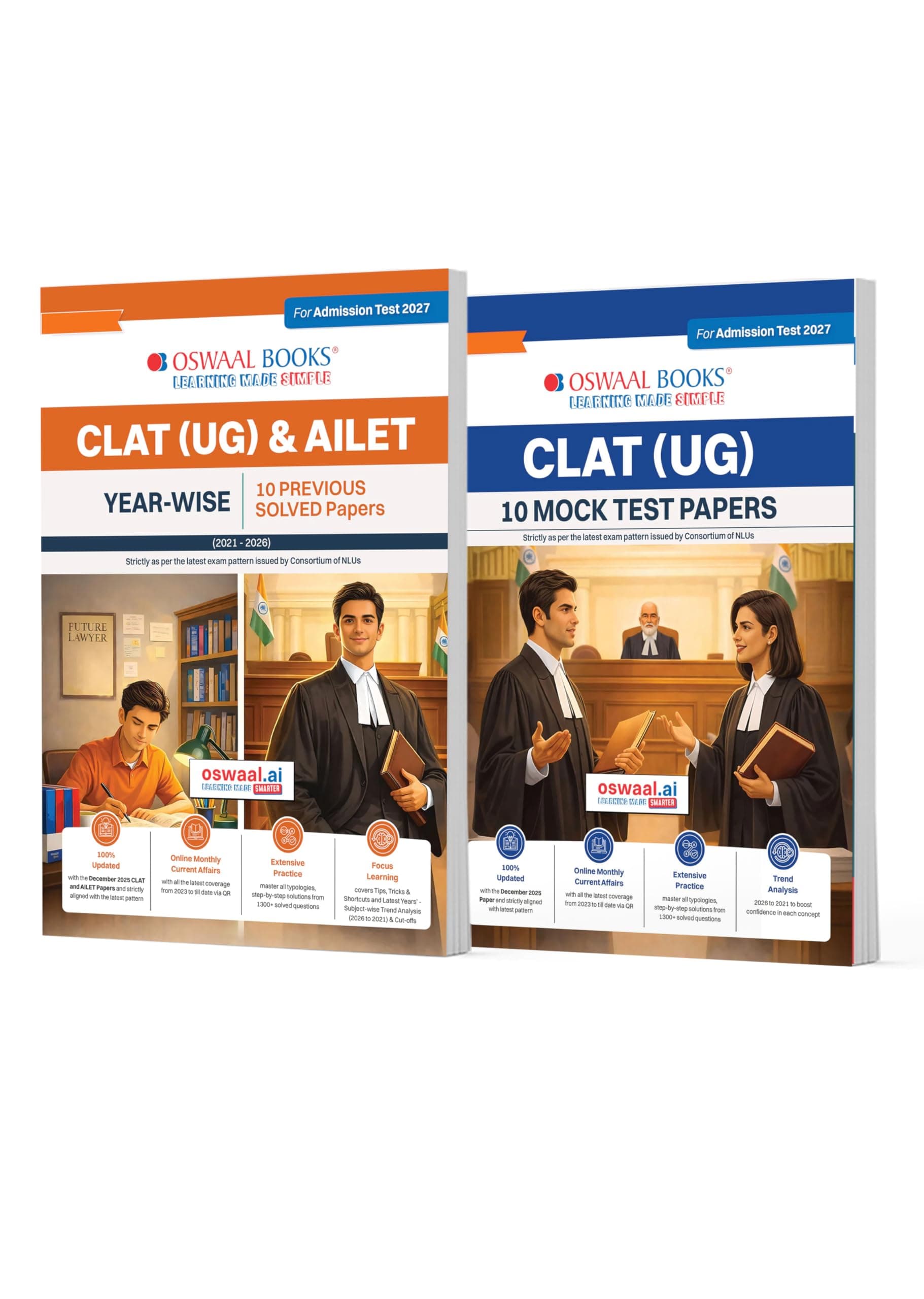 Oswaal CLAT (UG) & AILET Year-wise 10 Previous Solved Papers + 10 Mock Test Papers (Set of 2 books) | For 2027 Admission Test
