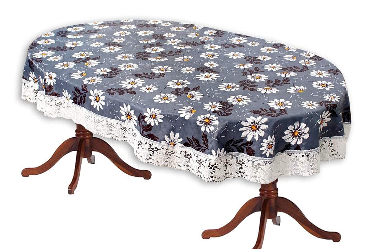 CASA-NEST PVC Oval Shaped 4 to 6 Seater Table Cover Wxl 54X78 Inches with White Border Lace Colour:- Blue Flower Printed008
