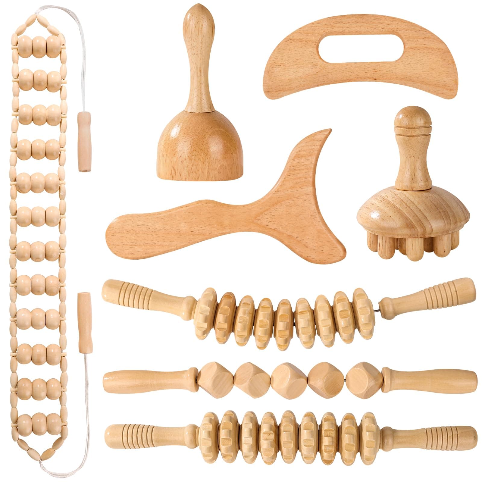 KQXTOKTY 8-in-1 Wood Therapy Massage Tools, Wooden Gua Sha Tools, Lymphatic Drainage Massager, Maderoterapia Kit, Wooden Massager Roller Rope for Body Shaping