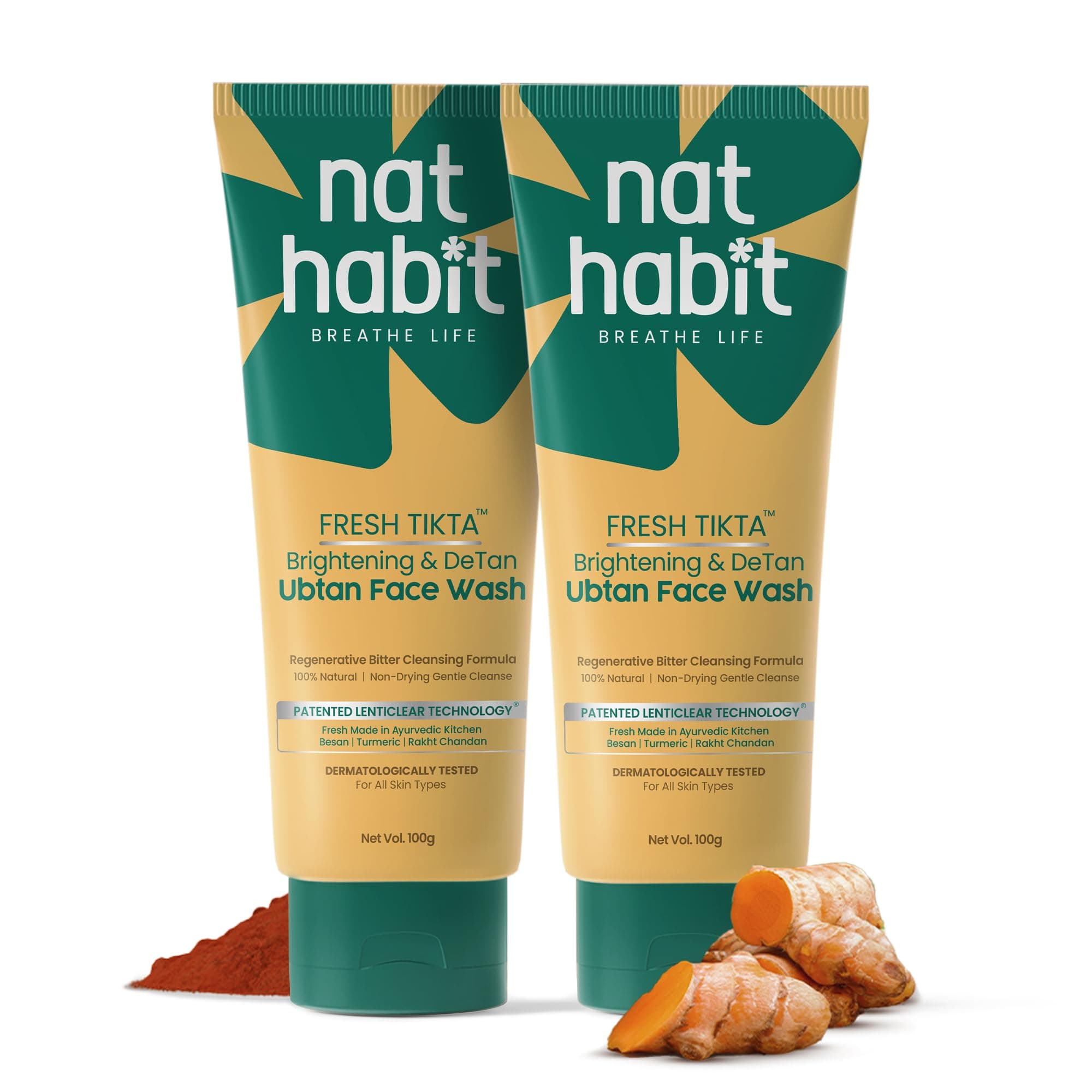 Nat Habit Ubtan Face Wash, Fresh Daily Tikta For Men & Women, Skin Brightening With Activated Wild Turmeric, Suitable For All Skin Types, Chemical & Sulphate Free (Pack of 2 X 100g)