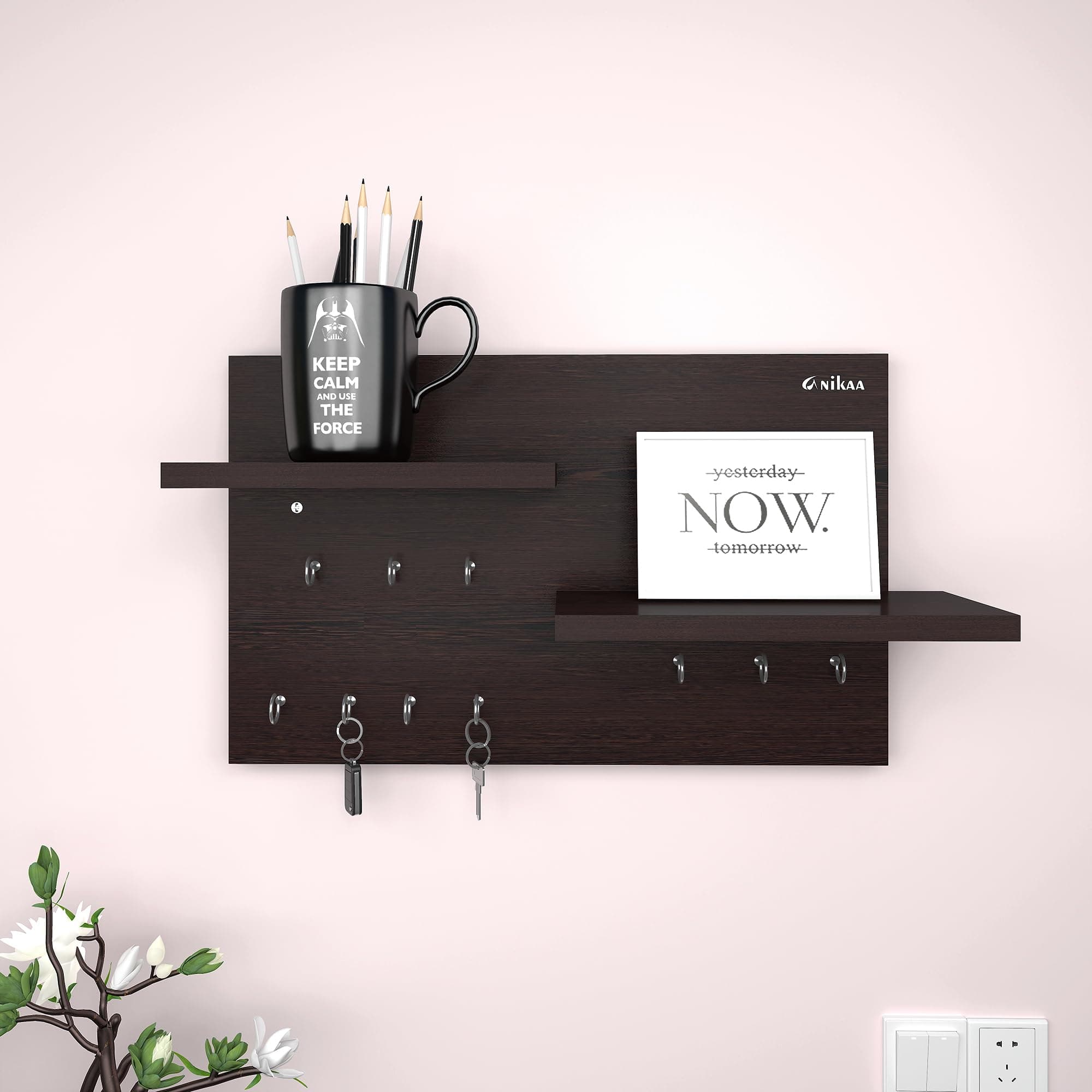 Anikaa Ruskey Engineered Wood Wall Mounted Key Holder Stand with Shelf - Wenge -10 Hooks