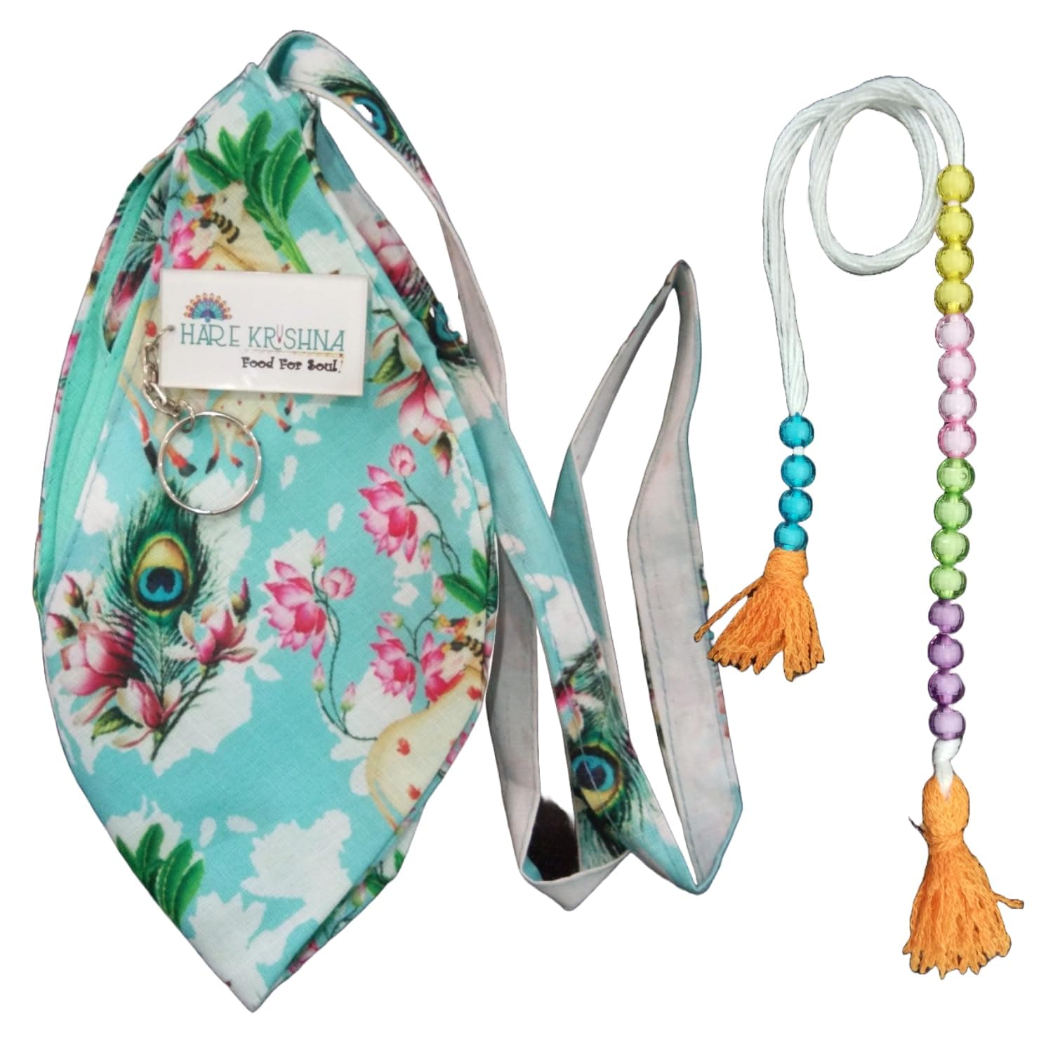 Hare Krishna Food for Soul Peacock Feather Printed jap mala bag/gomukhi japa mala bag/chanting bag/Jaap Mala Bag/bead bag for chanting/mala jaap bag with Sakshi Mala & Keychain (Combo Pack)