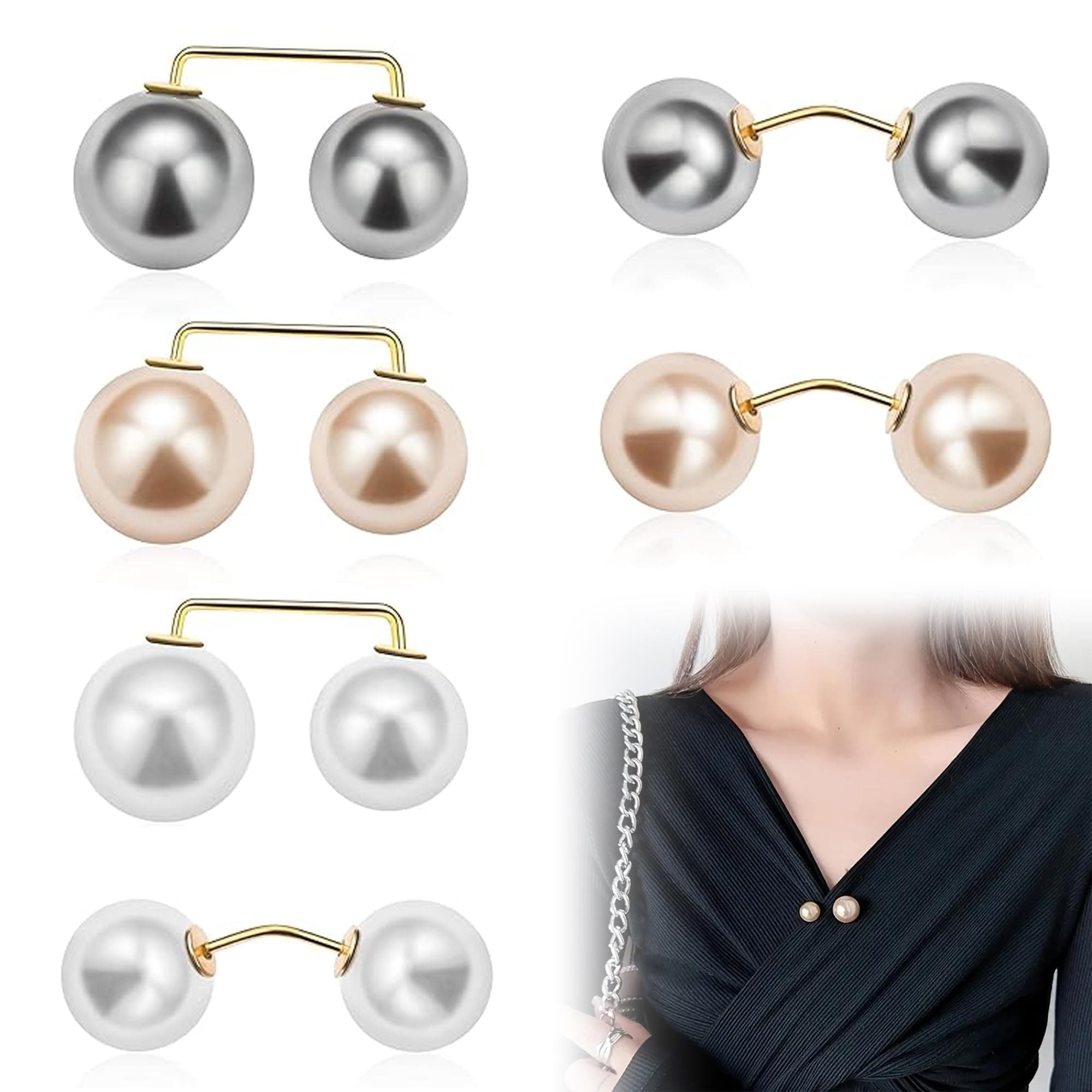 Homeaura 6 Pieces Artificial Pearl Shirt Brooch Pins | Anti-Exposure Neckline Decorative Safety Pins for Saare Sweater Shawl Hat Bag Clips Stylish Cover-Up Buttons for Women & Girls Gifts (2 Styles)