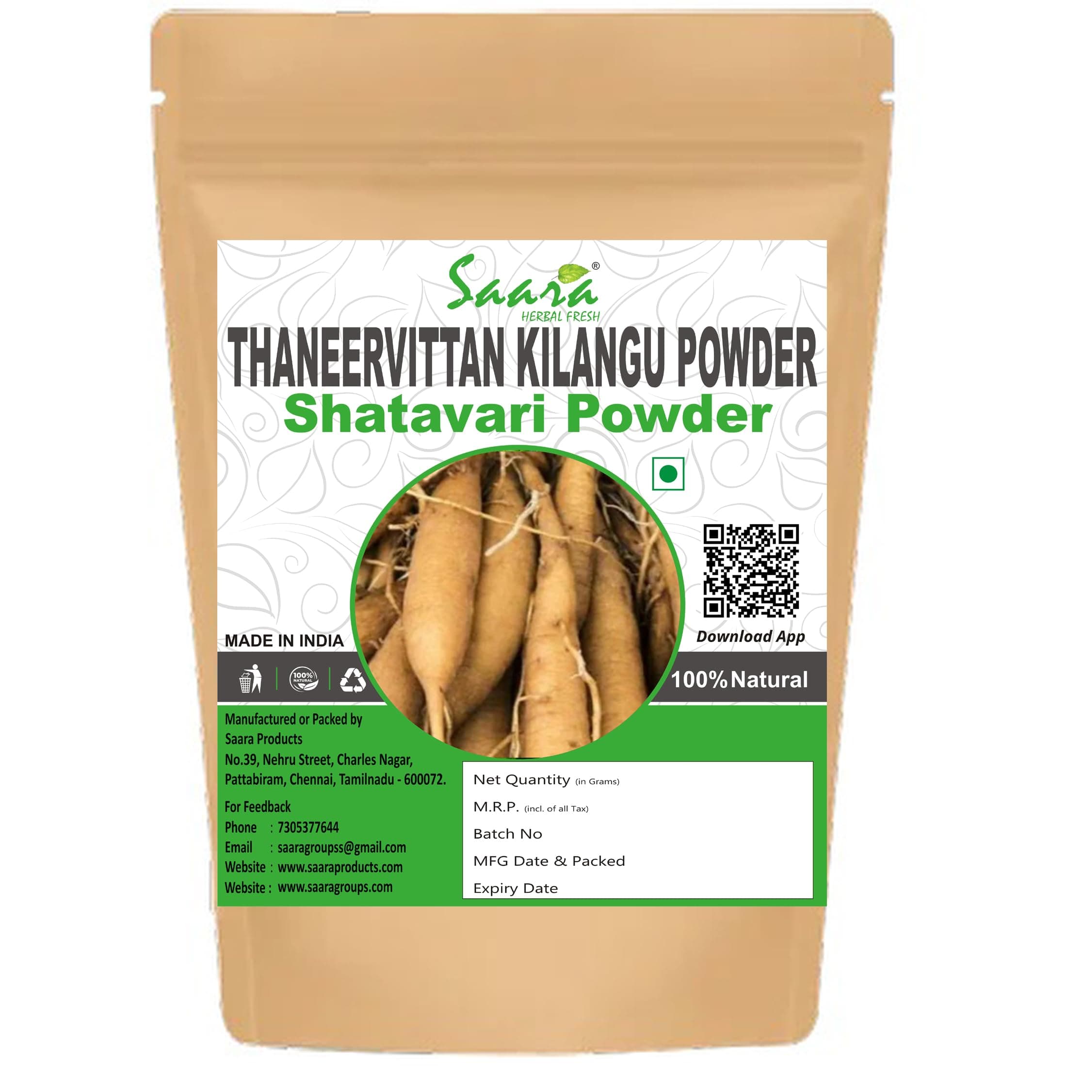 Saara HERBAL FRESH Shatavari Powder, 100g, Thaneervittan Kilangu Powder, Asparagus Racemosus,Herbal Supplement Pack of 1