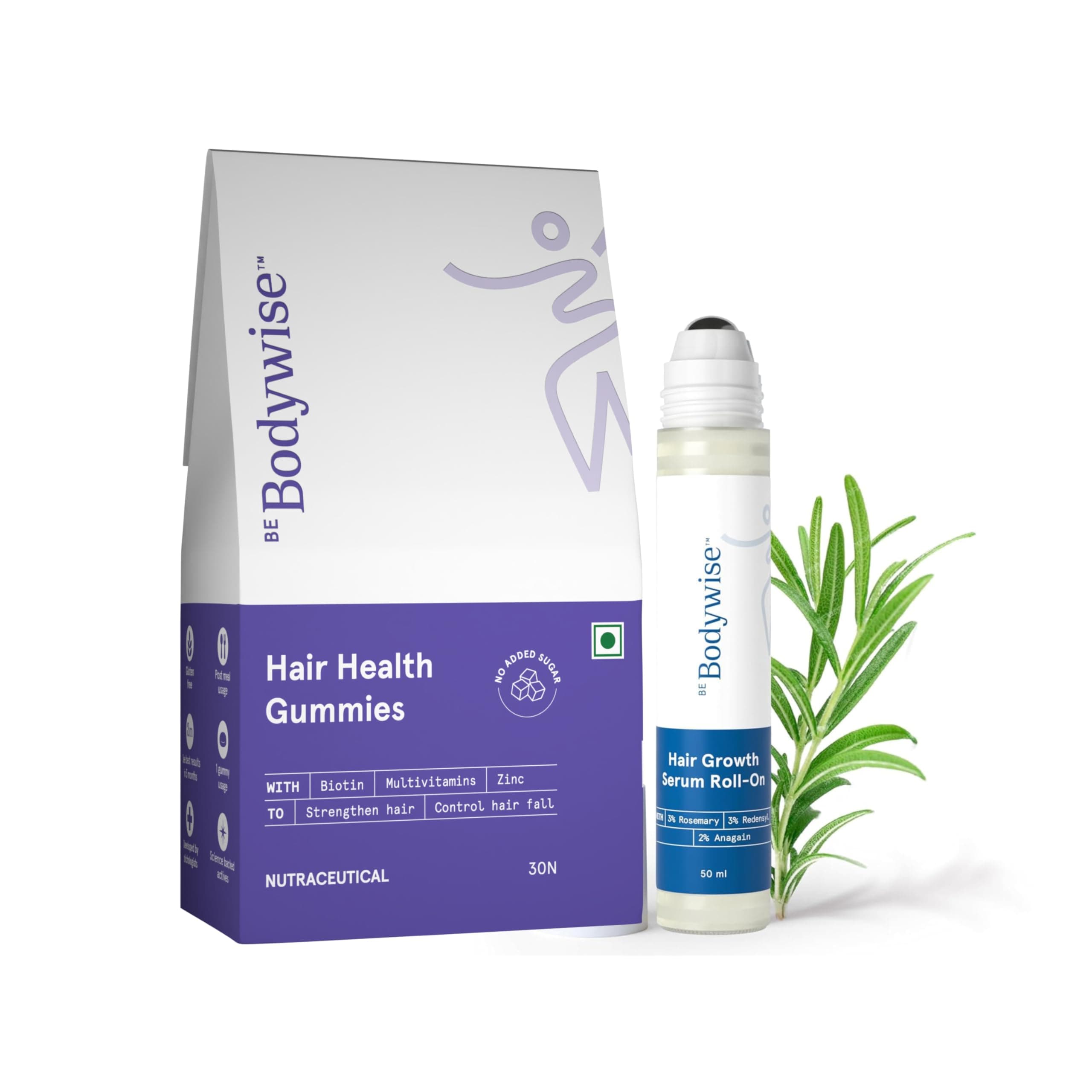 Be Bodywise Hair Growth Pack with 23% Actives | Biotin Hair Gummies (30 Days Pack) & 3% Rosemary Hair Growth Serum Roll-on (50ml) | Prevents Hair Thinning & Hair fall | Paraben & SLS Free