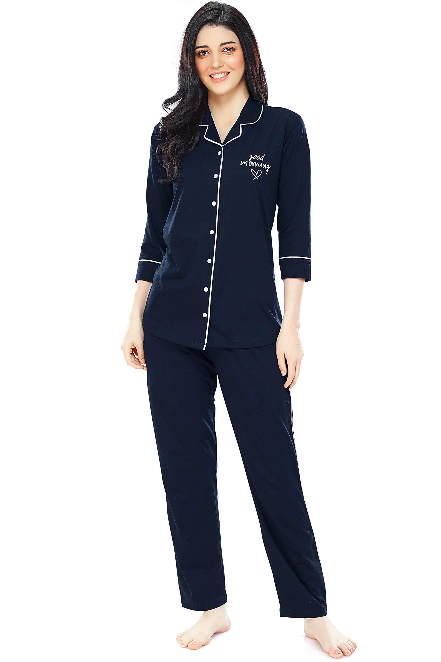 ZEYO Women's Cotton Solid Plain Relaxed Night Suit Set of Shirt & Pyjama 5241 (Available in Plus Size)