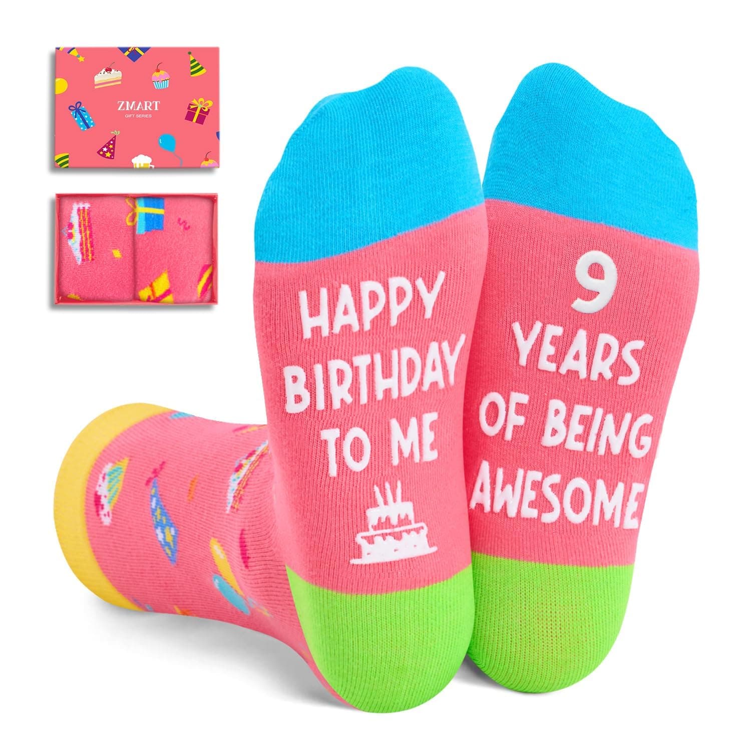 Zmart 9th Birthday Gifts for Girls - Socks for Girls Boys Age 9, 9 Year Old Girl Gift Ideas, Presents for 9 Year Olds, Pink, Happy Birthday to Me 9th Pink, Medium
