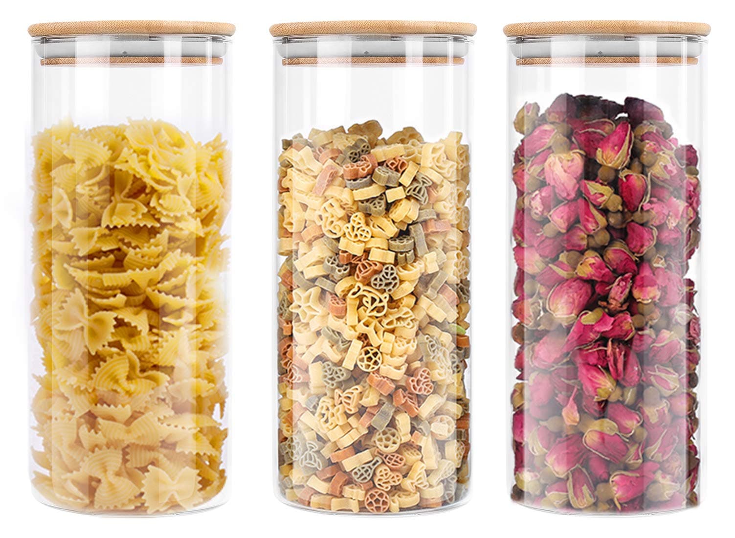 Lawei 3 pack Glass Storage Jars with Sealed Bamboo Lids - 51 oz Clear Glass Bulk Food Storage Canister for Serving Tea, Coffee, Spice, Candy, Cookie