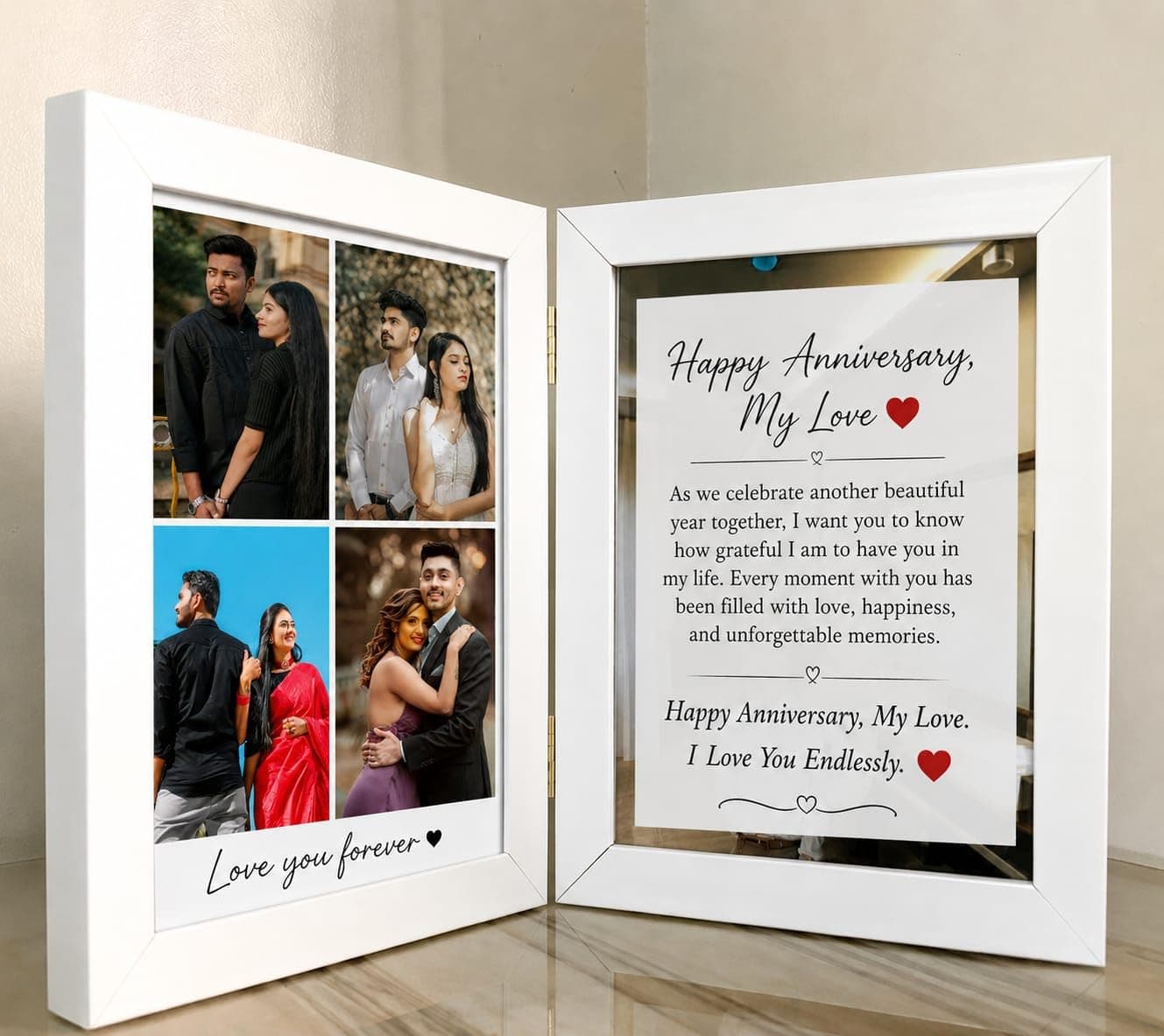 MadeForYou.in Dual Photo & Message Frame | Book Style Personalized Photo Frame | Custom Anniversary, Birthday & Christmas Gift for Couples | 5x7 Inch White (Dual, MODREN, REGULAR)