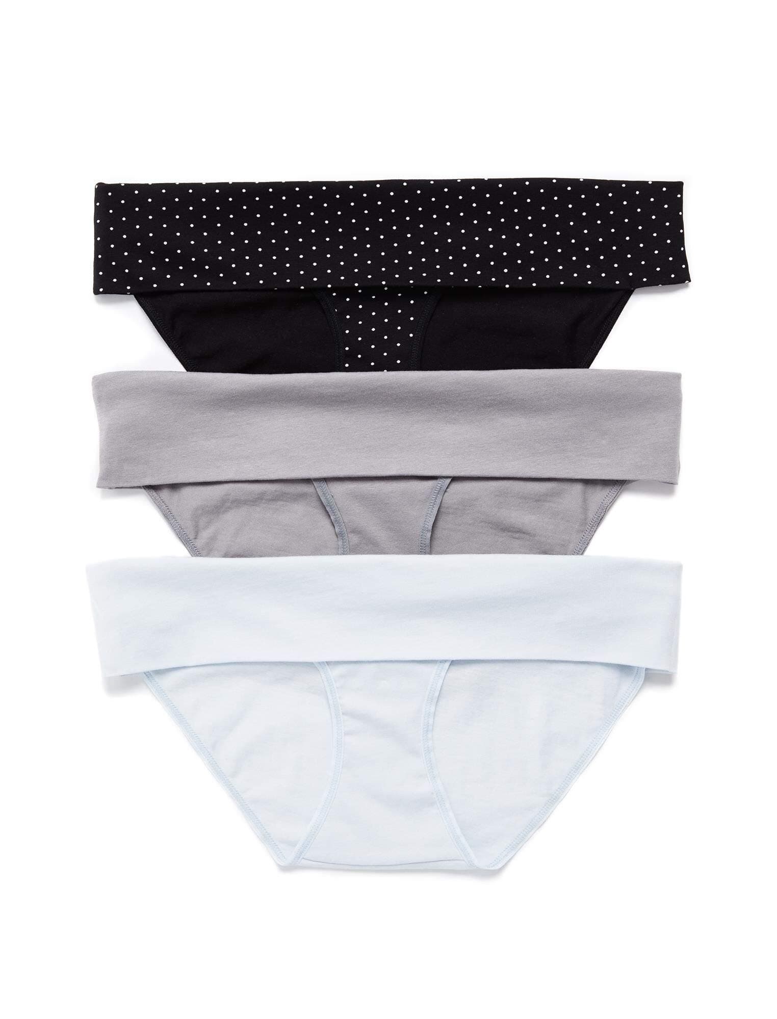 Motherhood Maternity Women's Maternity 3 Pack Fold Over Brief Panties, Flat Grey, Plein air, B/W Dot, Large