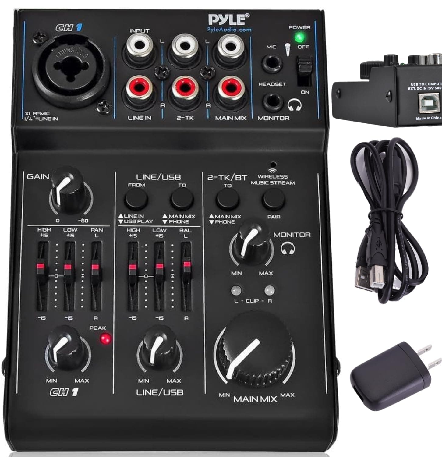 Pyle Bluetooth 3-Channel Audio Mixer, USB Audio Interface, 18V Phantom Power Supply For condenser Mic - Record To Computer (PAD30MXUBT)