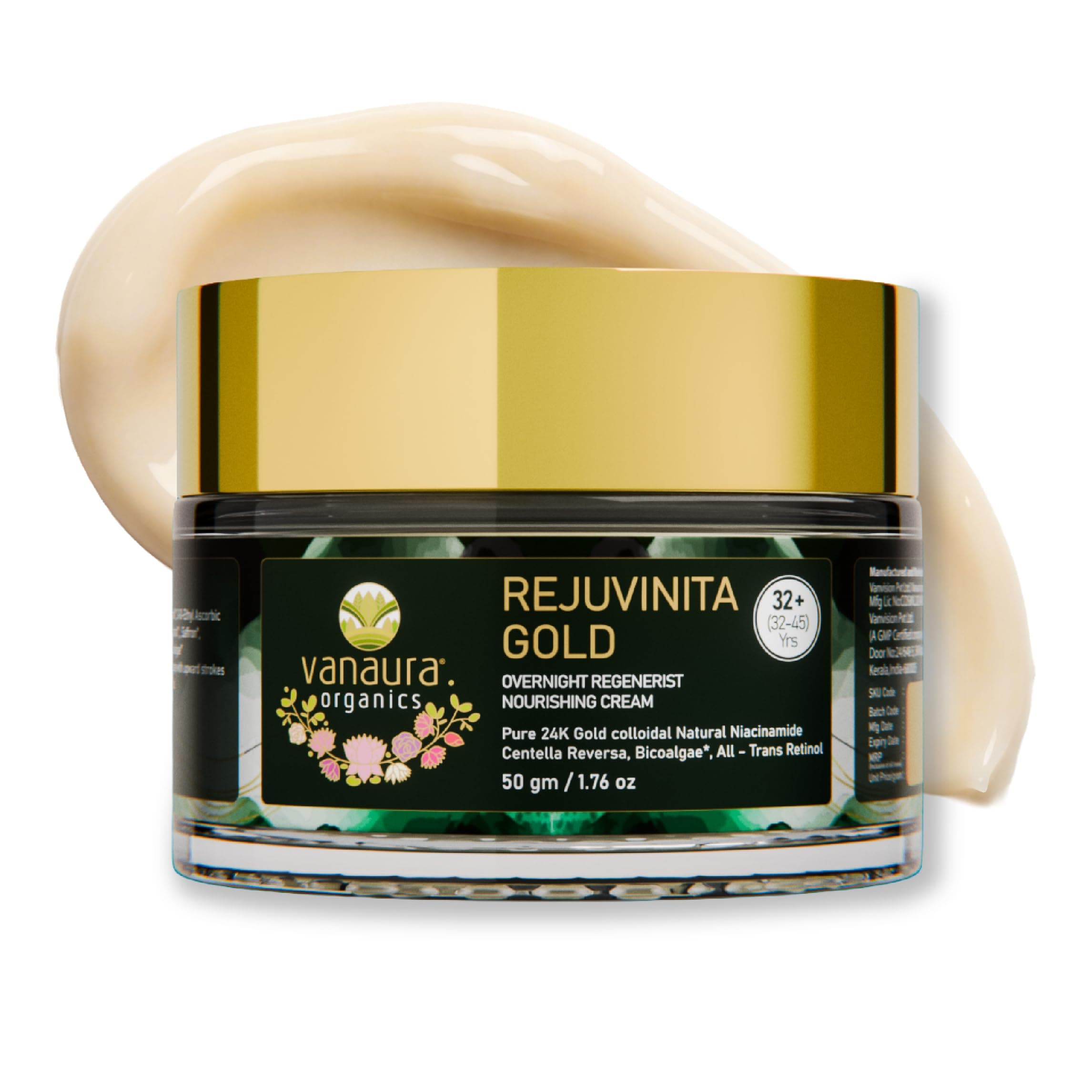 Vanaura Organics Rejuvinita Gold 32+ | Overnight Cream for Glowing Skin | Anti Ageing Night Cream for Women and Men | Pigmentation & Wrinkles | Tanning & Dullness | for 32-45 Age groups