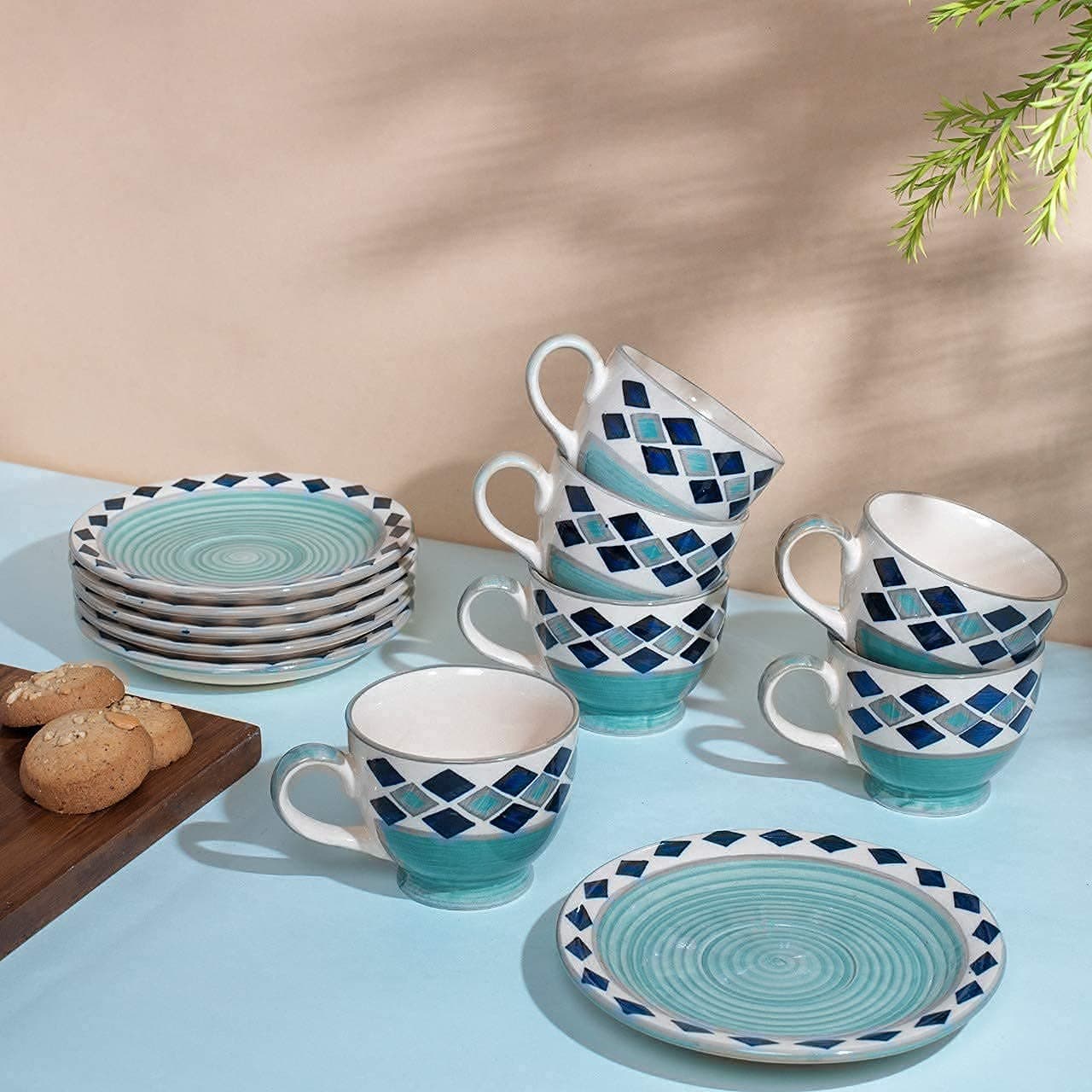HS HINDUSTANI SAUDAGAR Aqua Blossom Ceramic Cup and Saucer Set of 12(130ml) Tea Coffee Cups for Morning & Evening Tea Handmade Sets Kitchen Tableware Ideal for Daily use Home & Office and Gifting.