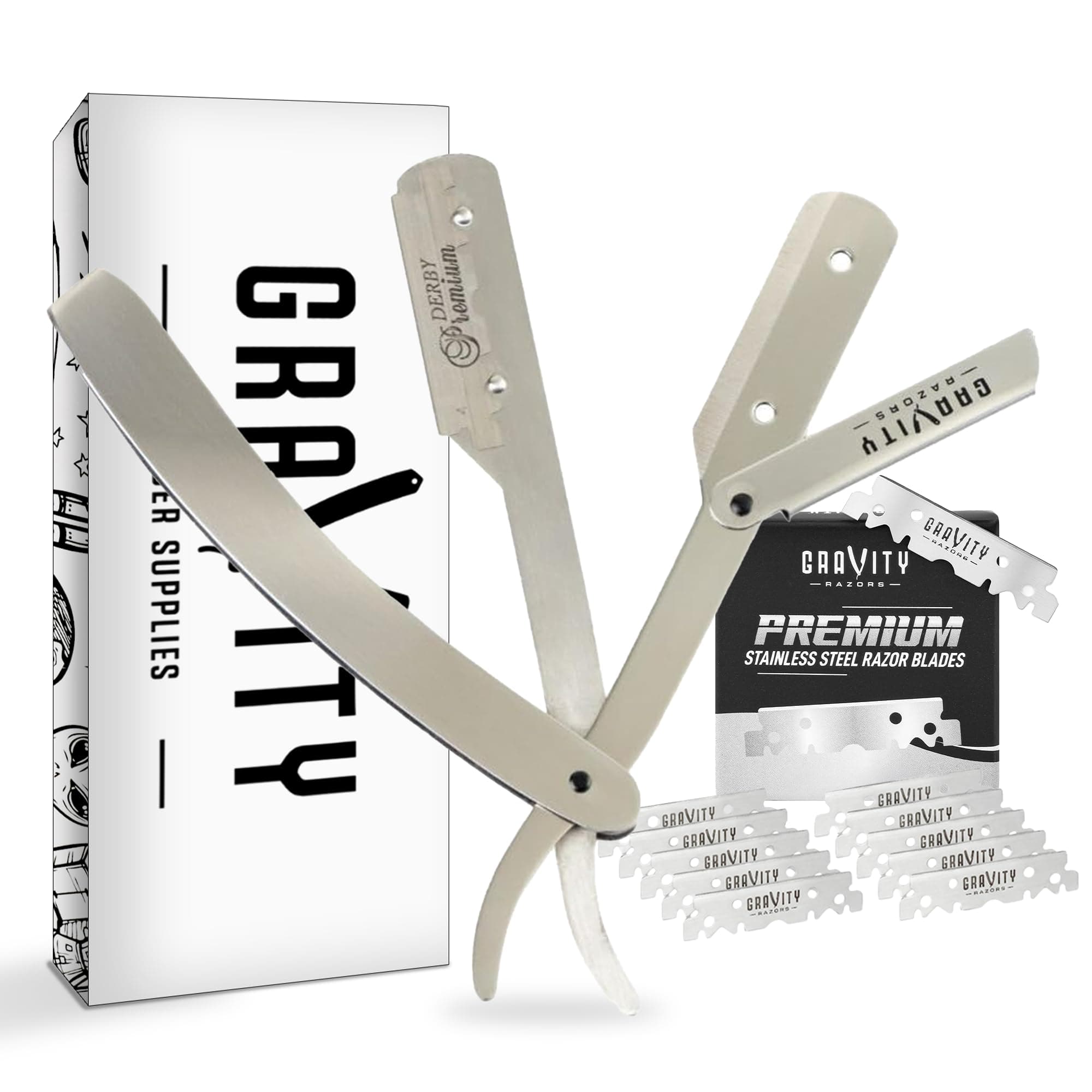 Barber Straight Razor - Stainless Steel Straight Razor Kit with 10 Derby Premium Blades (Chrome)