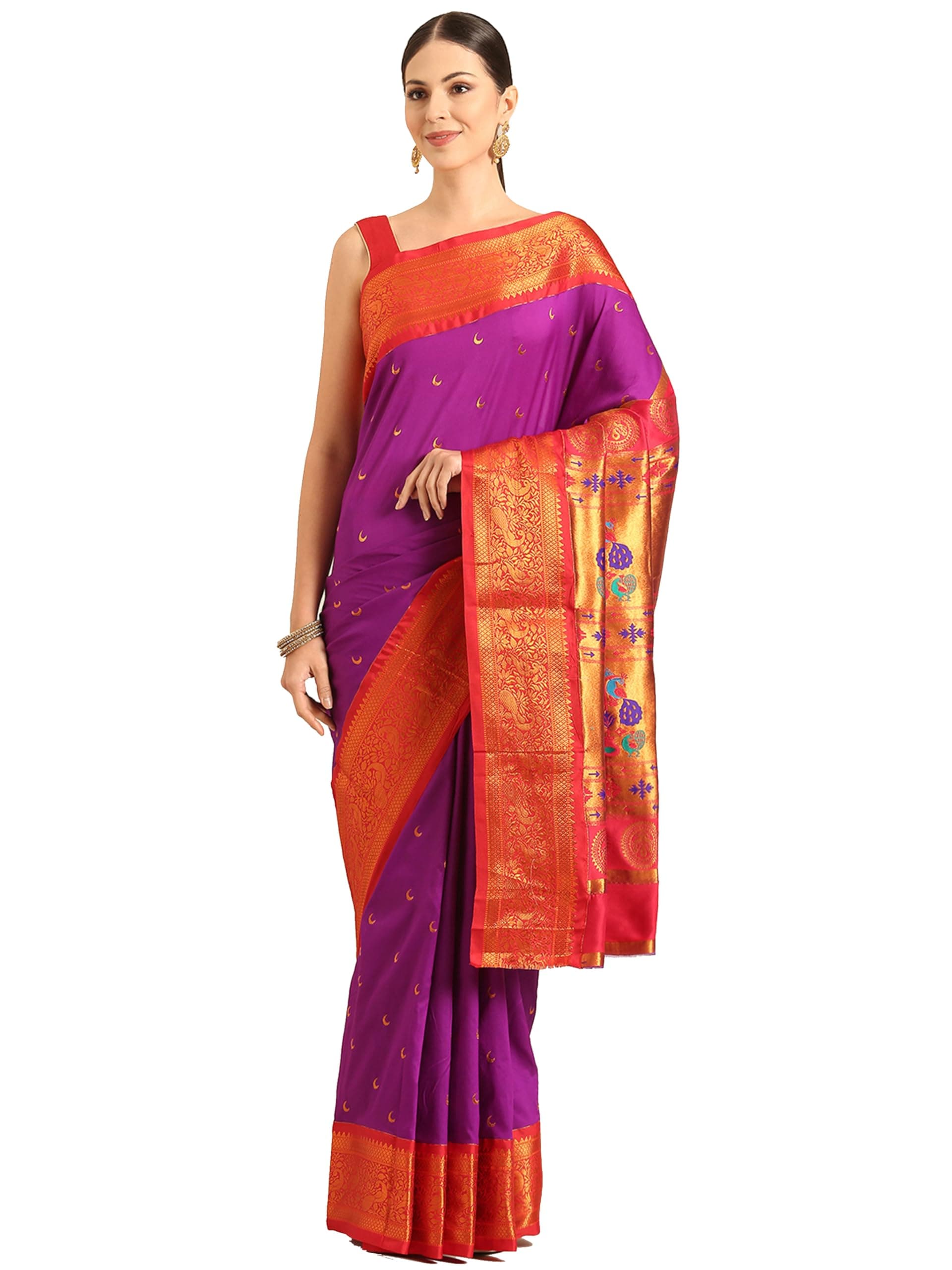 Varkala Silk Sarees Women's Kadiyal Soft Silk Chandrakor Paithani Saree With Blouse Piece (V291A204-COPR_Purple & Pink)