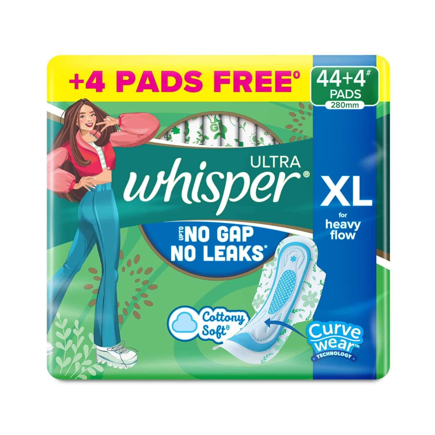 Whisper Ultra Upto No Gap No Leaks* Sanitary Pads, 48 XL Pads, For Heavy Flow Protection, With CURVEWEAR Technology, Cotton Like Softness, Disposable Wrapper, Locks Odour & Wetness (*Based on P&G Technical Data) (Product Does Not Contain Cotton)