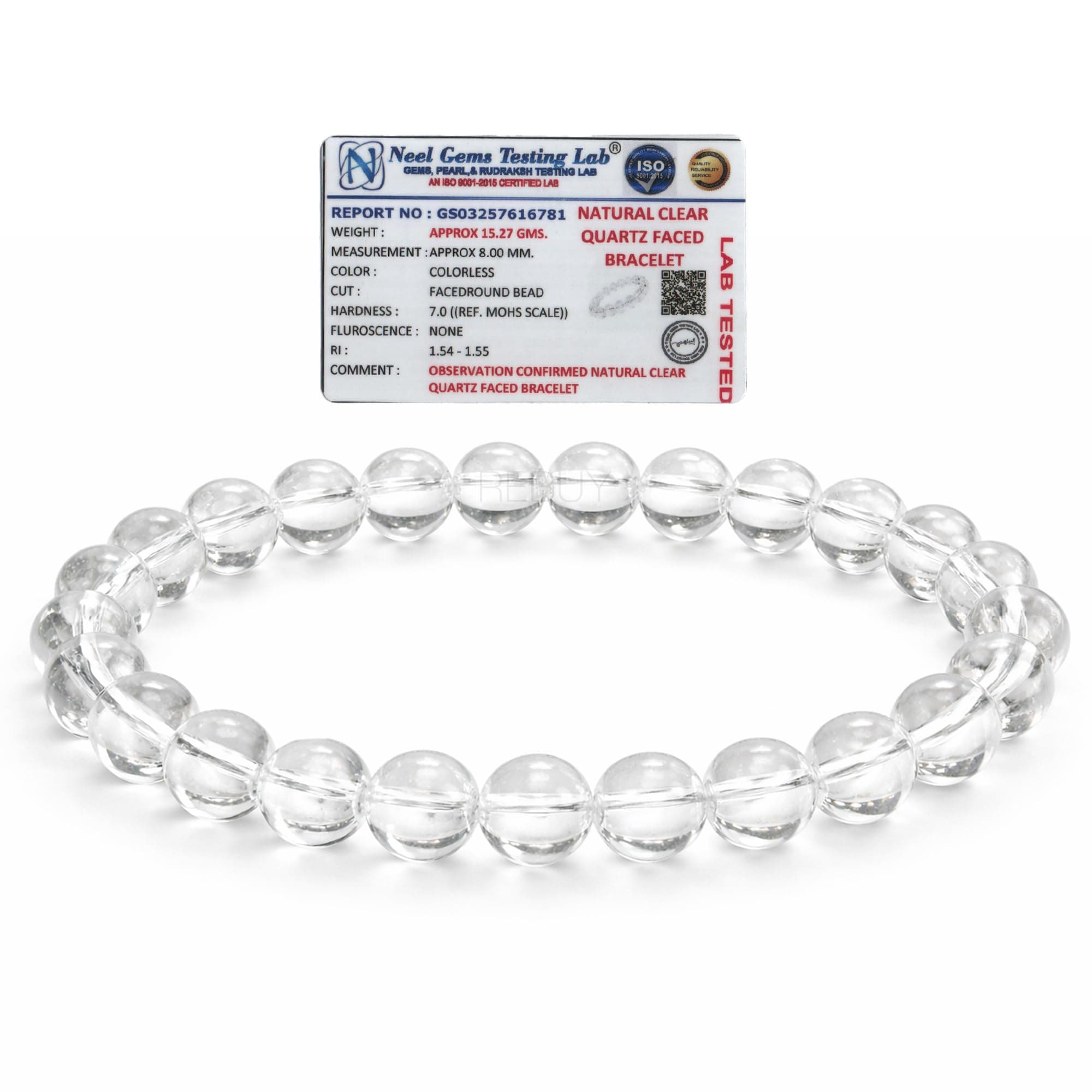 REBUY Clear Quartz Bracelet for Men & Women Original | Natural Lab Certified Quartz Stone | Reiki Healing Energy for Positivity, Clarity & Protection | 8mm Stretch Beads (Pack of 1)