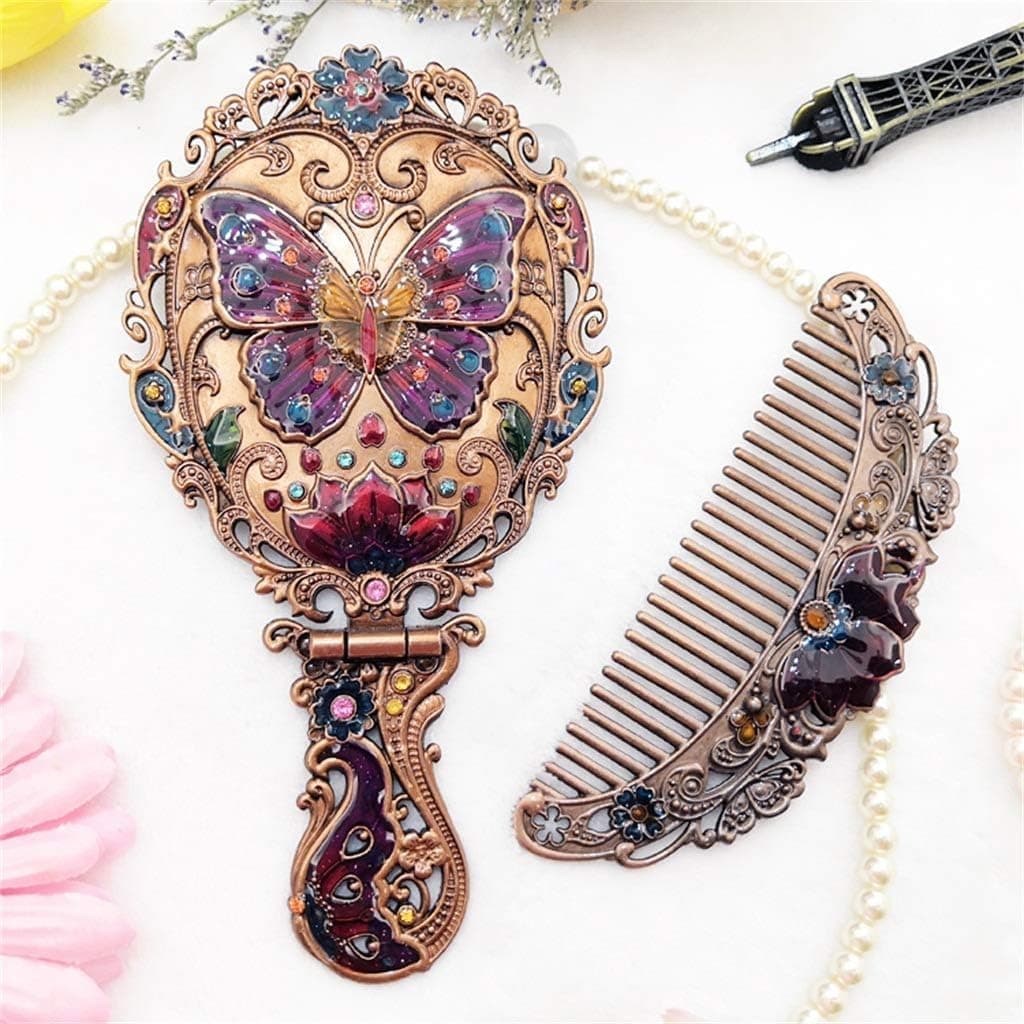 The Heaven Essentials Vintage Butterfly Hand Mirror and Comb Set, Antique Copper with Gemstones, Victorian Style