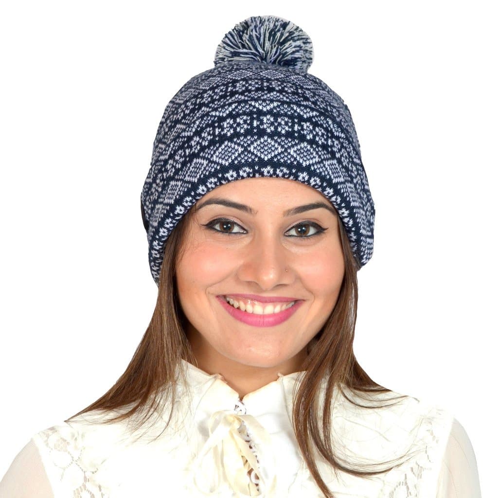 513 Women's Acrylic Graphic Print Beanie with Pompom Cap (jd-53cap-wnvy, Navy Blue, Free Size)
